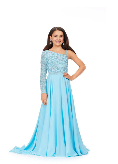 ASHLEYlauren 8197 | Sky Kids One Shoulder Gown with Beaded Bustier and Chiffon Skirt