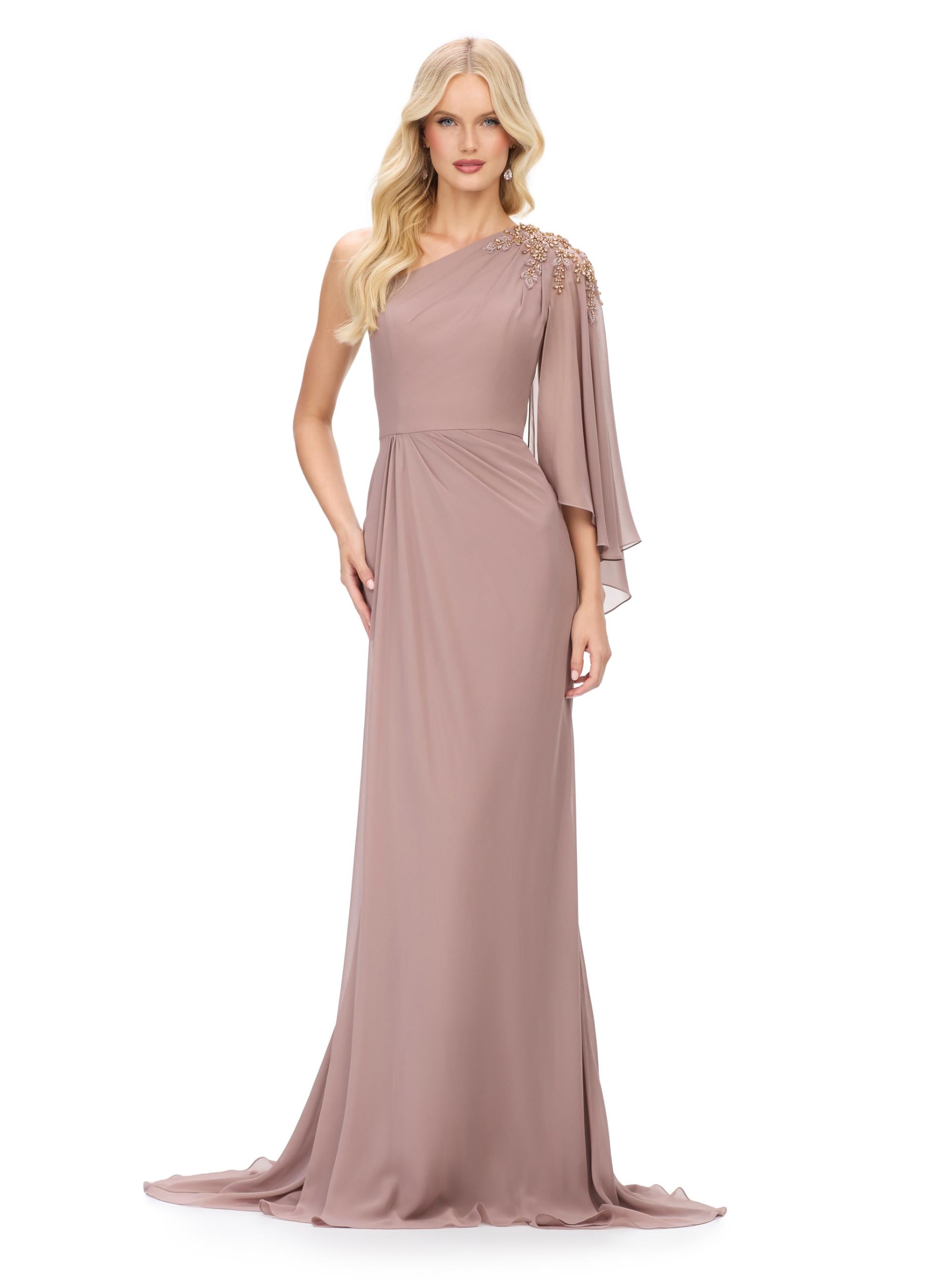 Taupe ASHLEYlauren 11701 Elegant One Shoulder Chiffon Gown with Flowing Ruffle Sleeve and Sparkling Beaded Details