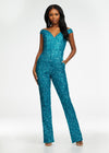 Turquoise ASHLEYlauren 11175 Fully Hand-Beaded Off-Shoulder Jumpsuit with V-Neckline and Straight Leg Pants