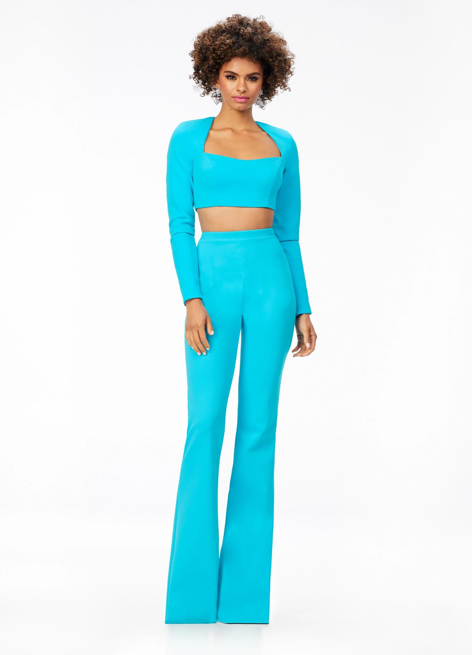 Turquoise ASHLEYlauren 11220 Two-Piece Scuba Jumpsuit with Square Neckline, Long Sleeves, and Fit & Flare Pants