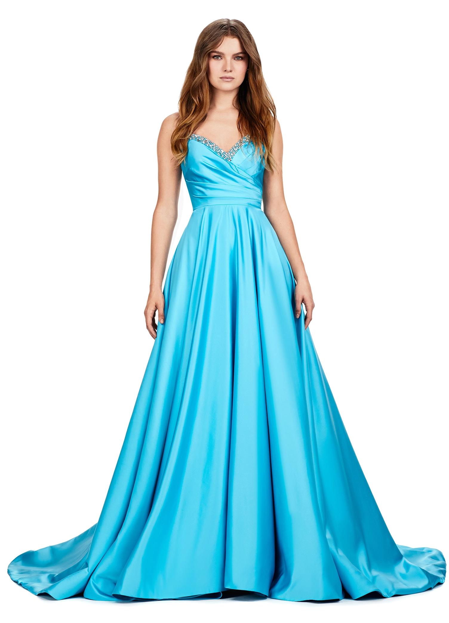 Turquoise ASHLEYlauren 11267 stunning A-line gown featuring delicate spaghetti straps, a sweetheart neckline, eye-catching crystal trim, and asymmetrical ruching on the bustier to accentuate your curves for a glamorous and sophisticated look.