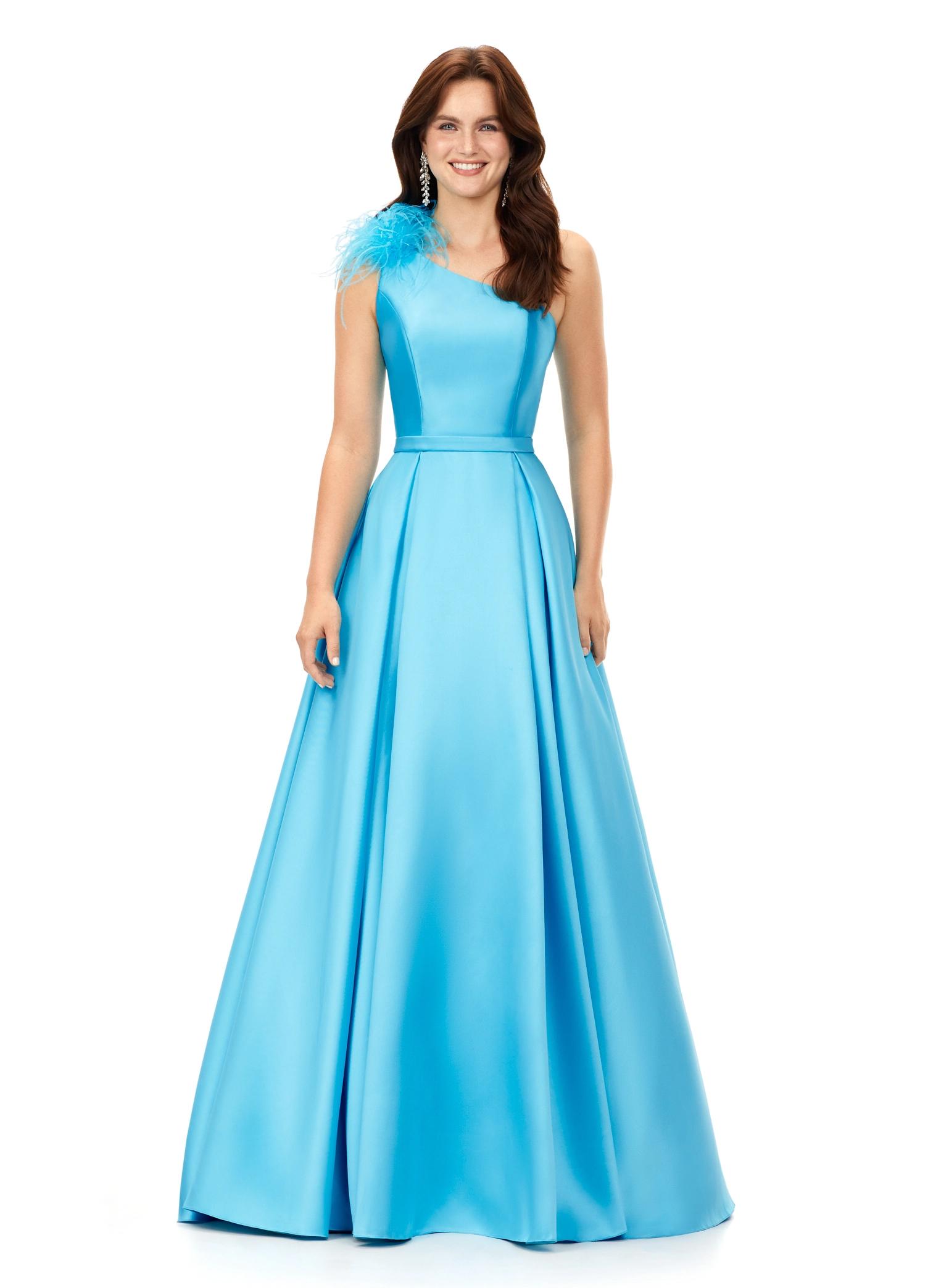 Turquoise ASHLEYlauren 11336 one shoulder ball gown in Mikado fabric, featuring feather-embellished neckline and a classic A-line skirt.