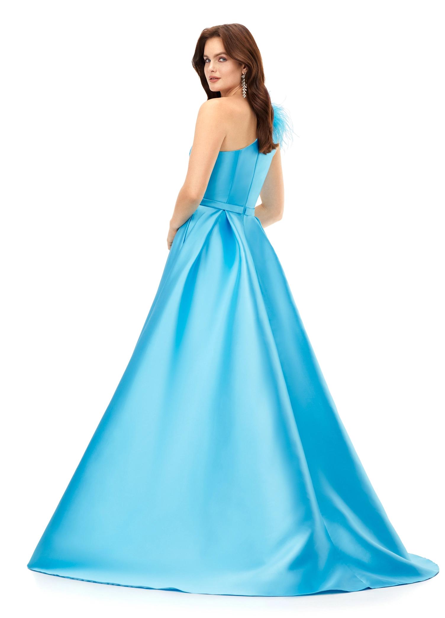 Back - Turquoise ASHLEYlauren 11336 one shoulder ball gown in Mikado fabric, featuring feather-embellished neckline and a classic A-line skirt.