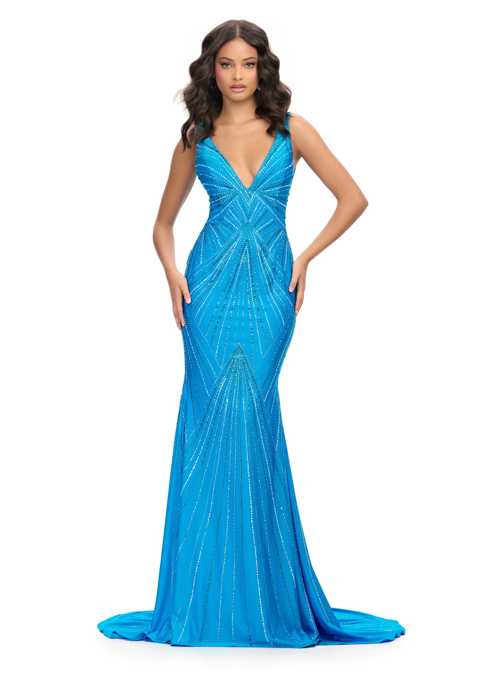 Ashley Lauren バルーン袖Vネックフレアーロングドレス レッド ASHLEYlauren 11669 - Beaded V-Neck Dress with Illusion Side