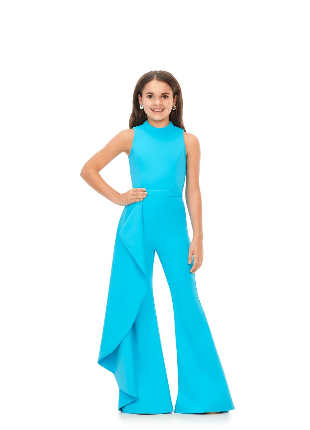 Turquoise ASHLEYlauren Kids 8158 fun and stylish scuba jumpsuit featuring a high crew neckline, dramatic cascading ruffle accent down the leg, and flare pants for a bold and fabulous look.