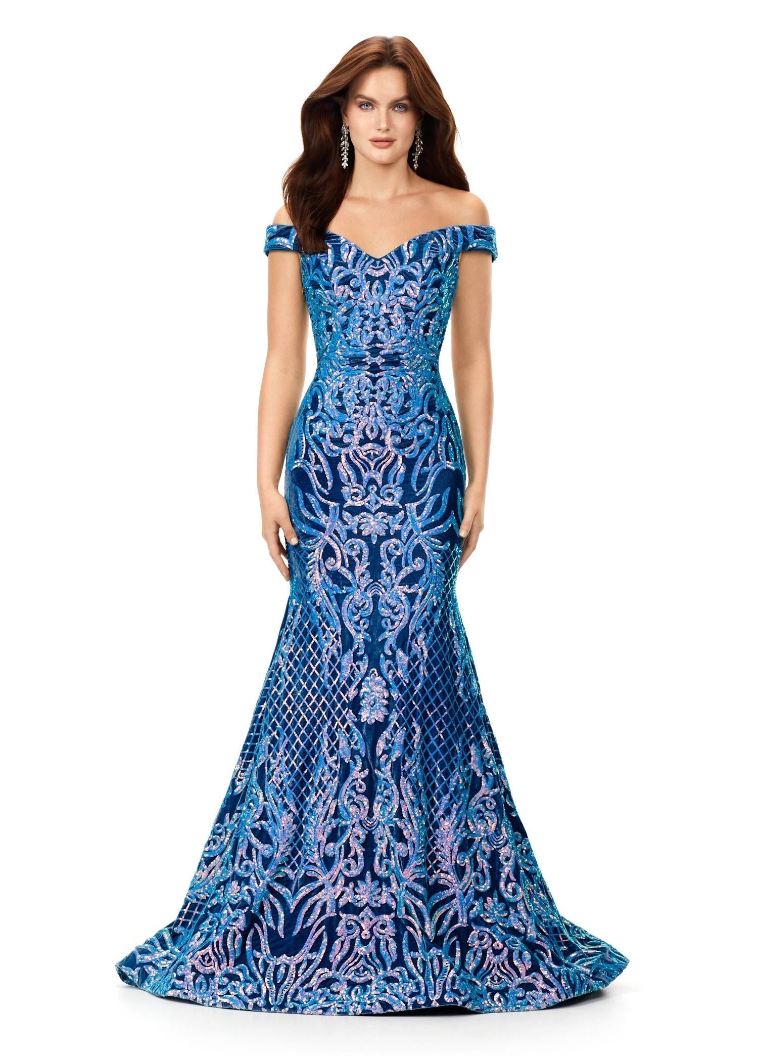 Turquoise/Royal ASHLEYlauren 11330 elegant off shoulder velvet sequin gown featuring a signature criss-cross back, a fitted silhouette, horsehair hem, and a sweep train for a sophisticated and glamorous look.