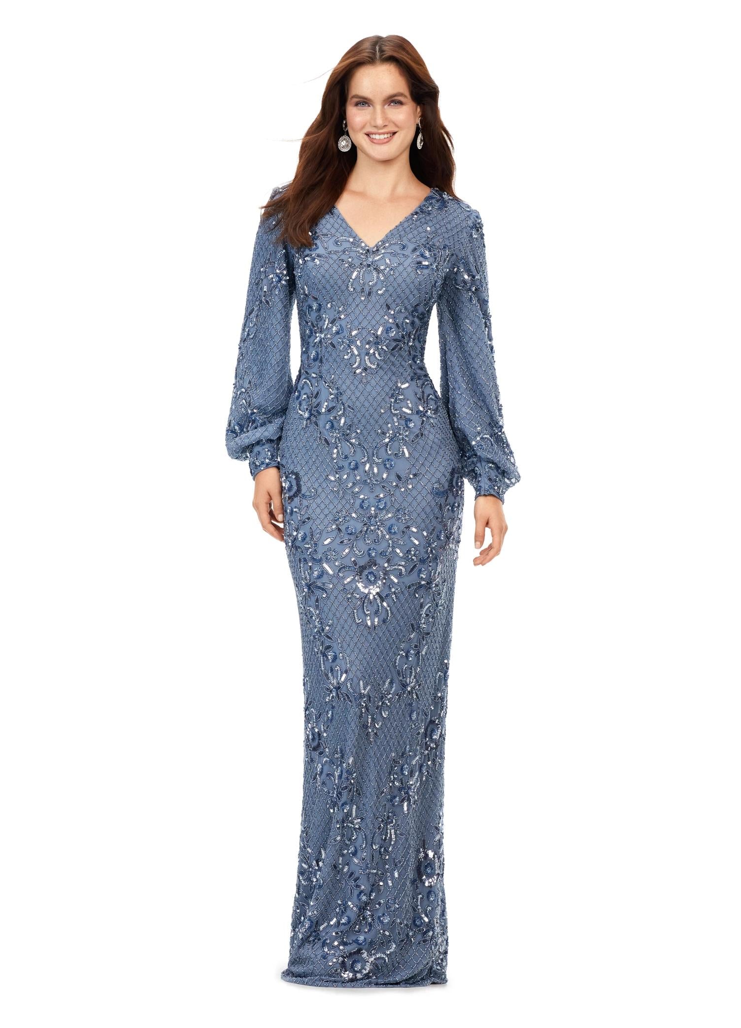 Vintage Blue ASHLEYlauren 11193 Ultra Chic Fully Sequin Gown with Ornate Beading, V-Neckline, Bishop Sleeves, High Zip Back, and Center Back Vent Slit