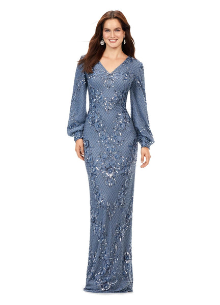 ASHLEYlauren 11193 - V-Neck Gown with Beaded Bishop Sleeves