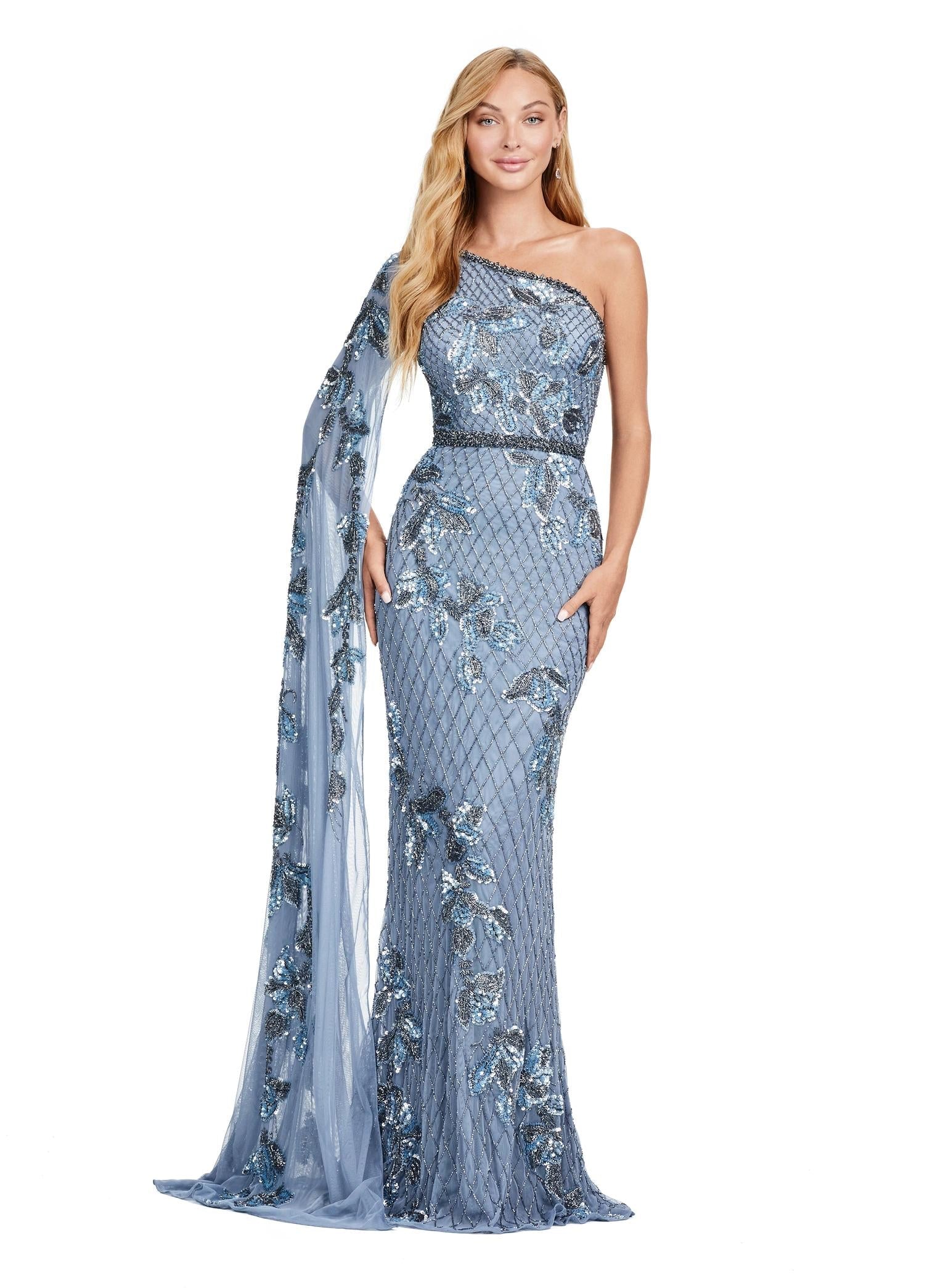 Vintage Blue ASHLEYlauren 11434 Elegant Fully Beaded Gown with One Shoulder Design and Statement Floor Length Sleeve for a Modern Twist on a Classic Look
