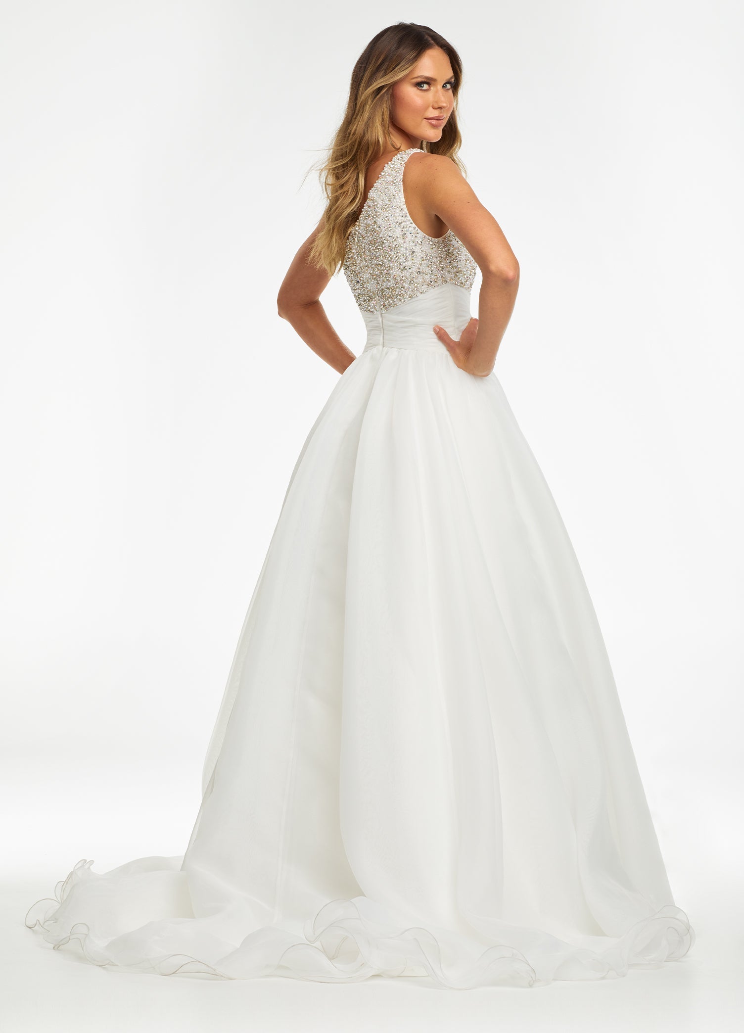 Back - White ASHLEYlauren 11127 – An elegant one-shoulder organza ball gown featuring an encrusted crystal and pearl detail bustier, a ruched wrap waist for a flattering silhouette, and a full ball gown skirt. Perfect for any formal event.