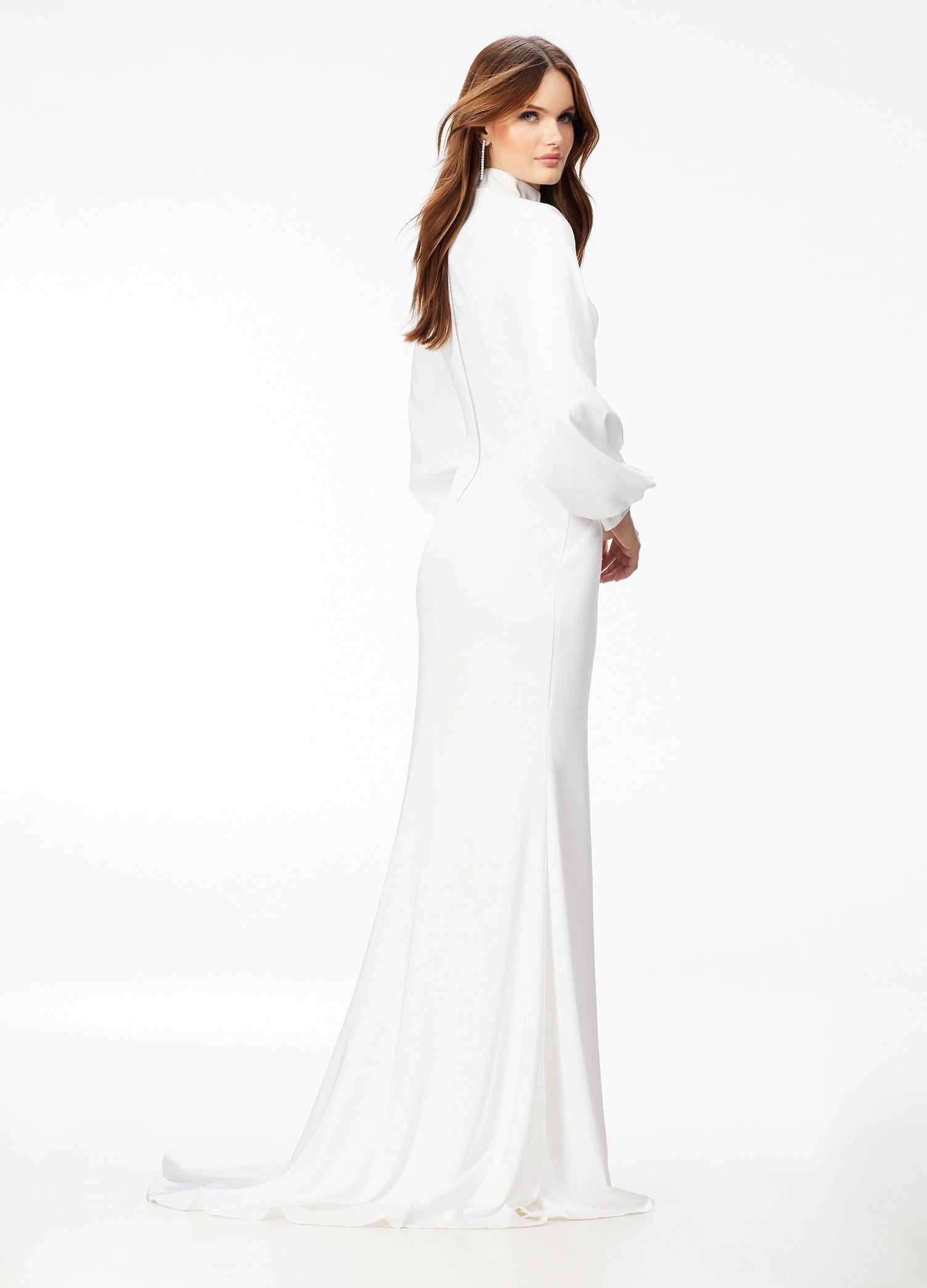 Back - White ASHLEYlauren 11219 – An ultra-glamorous high neckline crepe gown featuring balloon sleeves, contoured seaming for a perfect silhouette, an exposed zipper back, and a sweeping train. Ideal for making a sophisticated statement at any event.