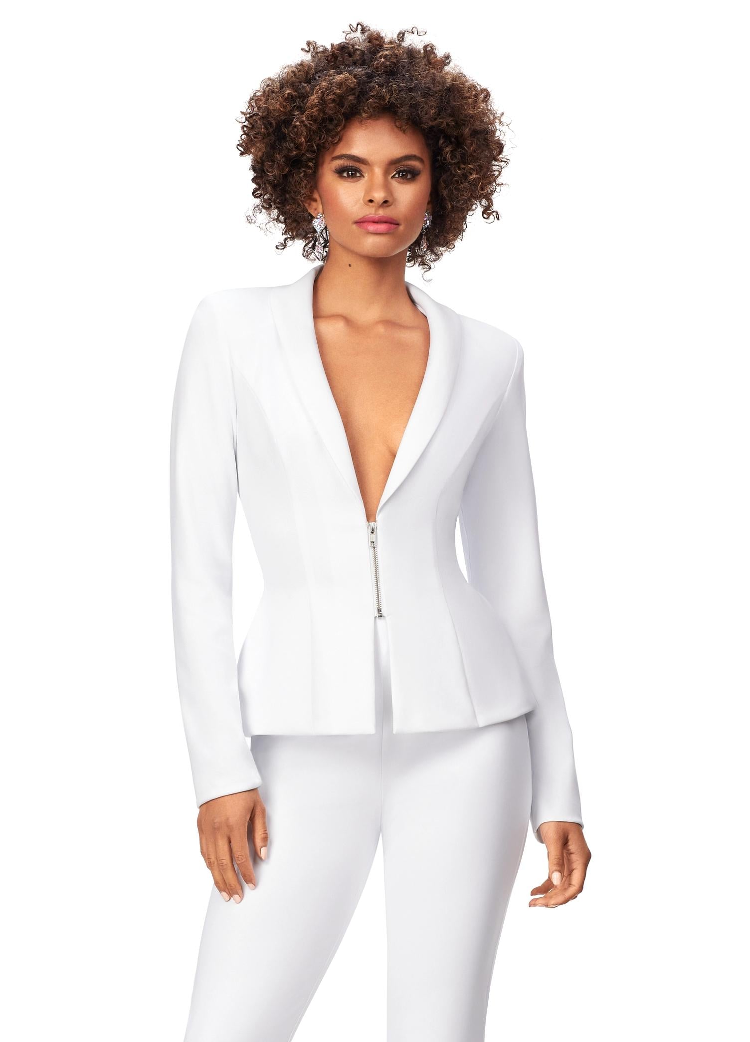 White ASHLEYlauren 11225 – A powerful scuba two-piece pantsuit featuring a blazer with an exposed metal front zipper and flare pants. Perfect for making a bold, stylish statement at any event.
