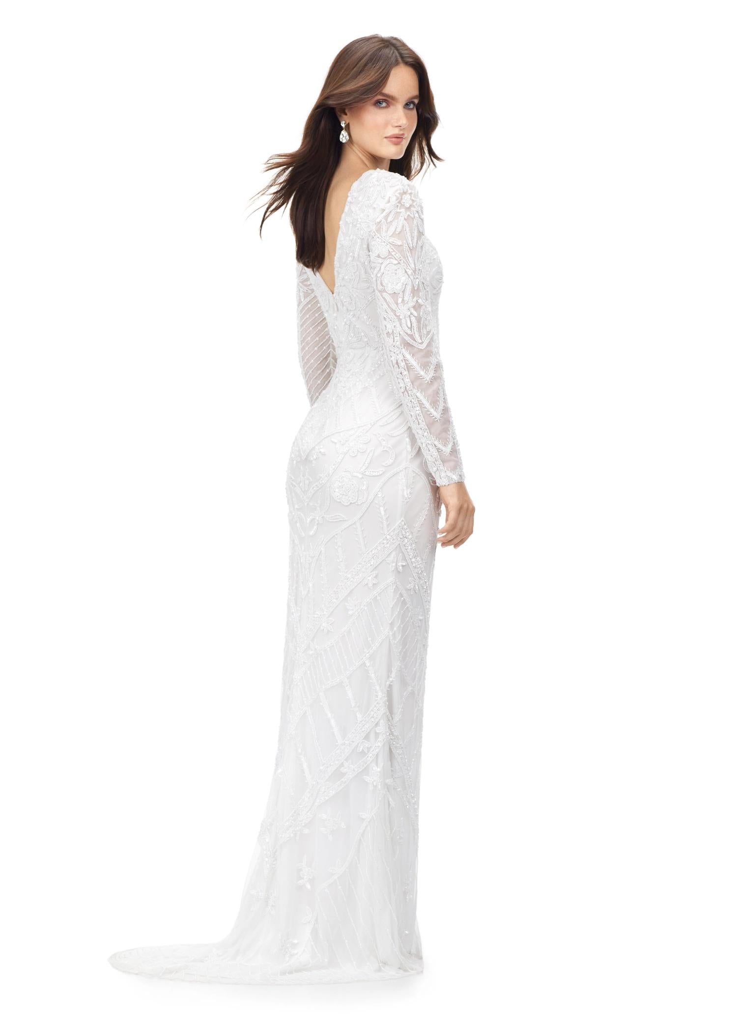 Back - White ASHLEYlauren 11239 – A dramatic gown featuring intricate bead detailing, a lace-up bustier, long sleeves, and a left leg slit. Perfect for making a bold, glamorous statement at any special occasion.