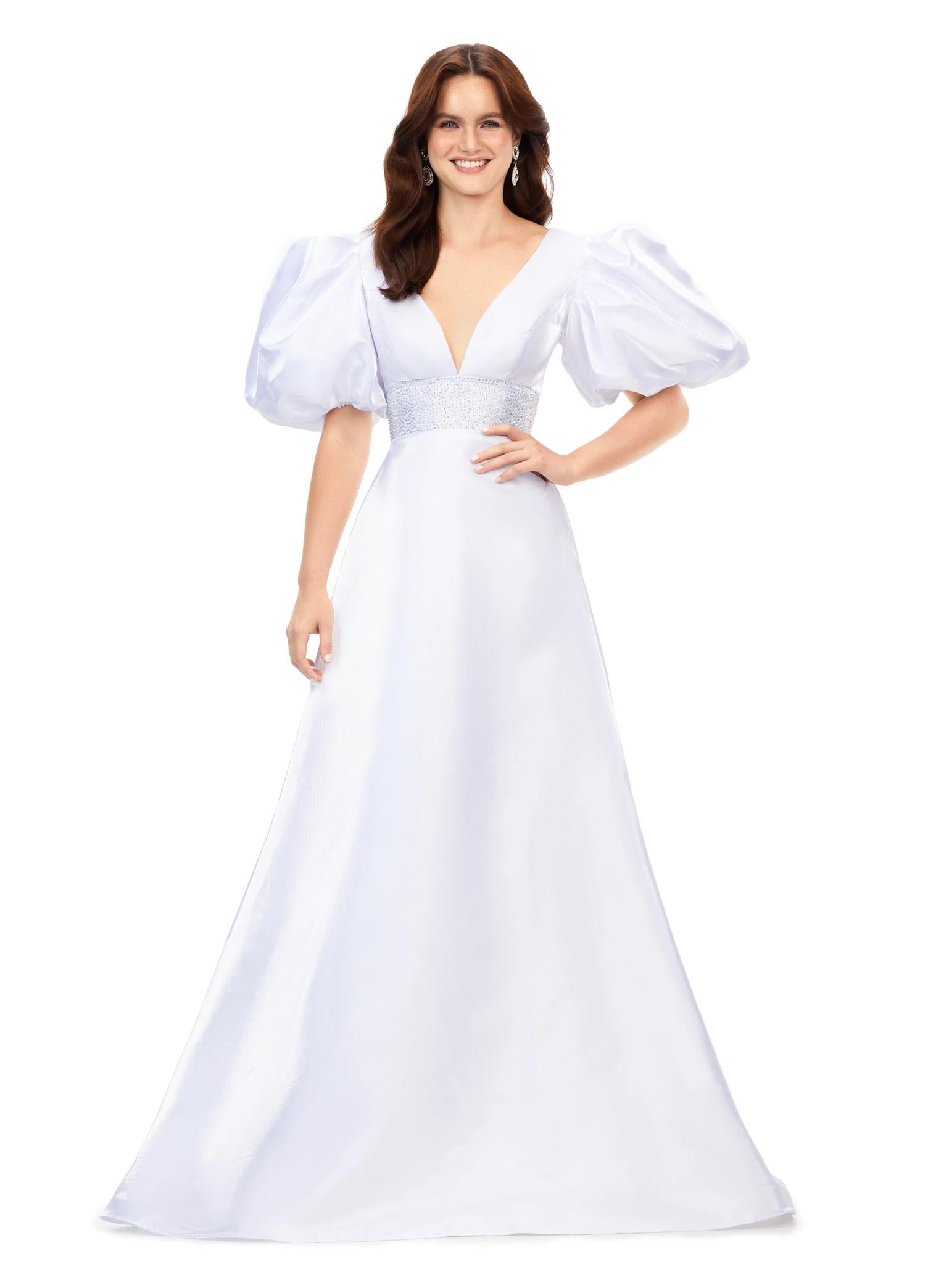 ASHLEYlauren 11379 | White Elegant Shimmer Satin A-Line Gown with V-Neckline, V-Back, oversized Puff Sleeves, and Heat Set Detailed Waistband