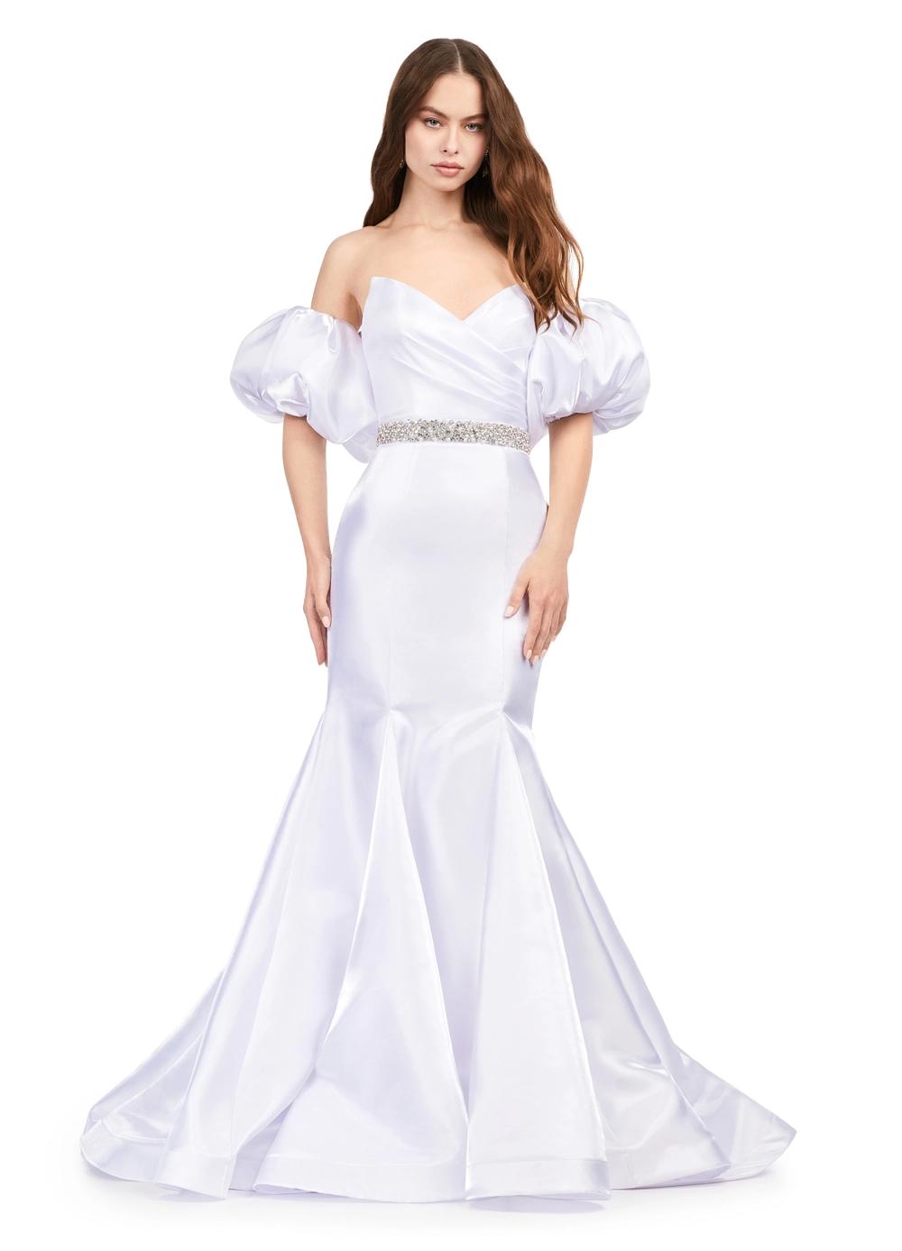 White ASHLEYlauren 11419 Strapless Satin Gown with Sweetheart Neckline, Voluminous Puff Sleeves, Mermaid Silhouette, and Sparkling Jeweled Belt