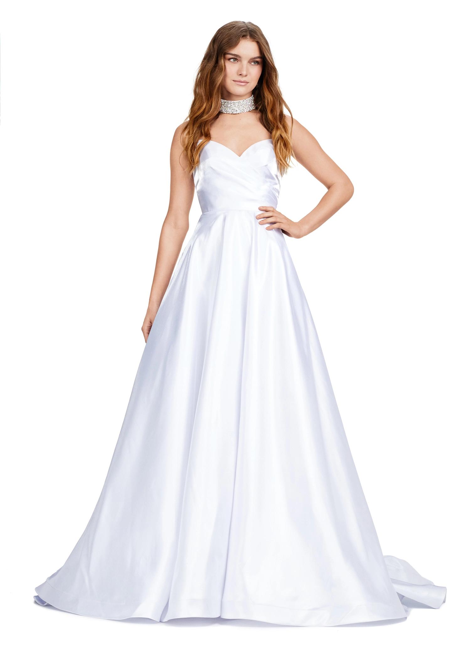 White ASHLEYlauren 11473 elegant A-line satin ball gown featuring a strapless sweetheart neckline, ruched bustier, and a fully beaded matching choker for a timeless and glamorous look.