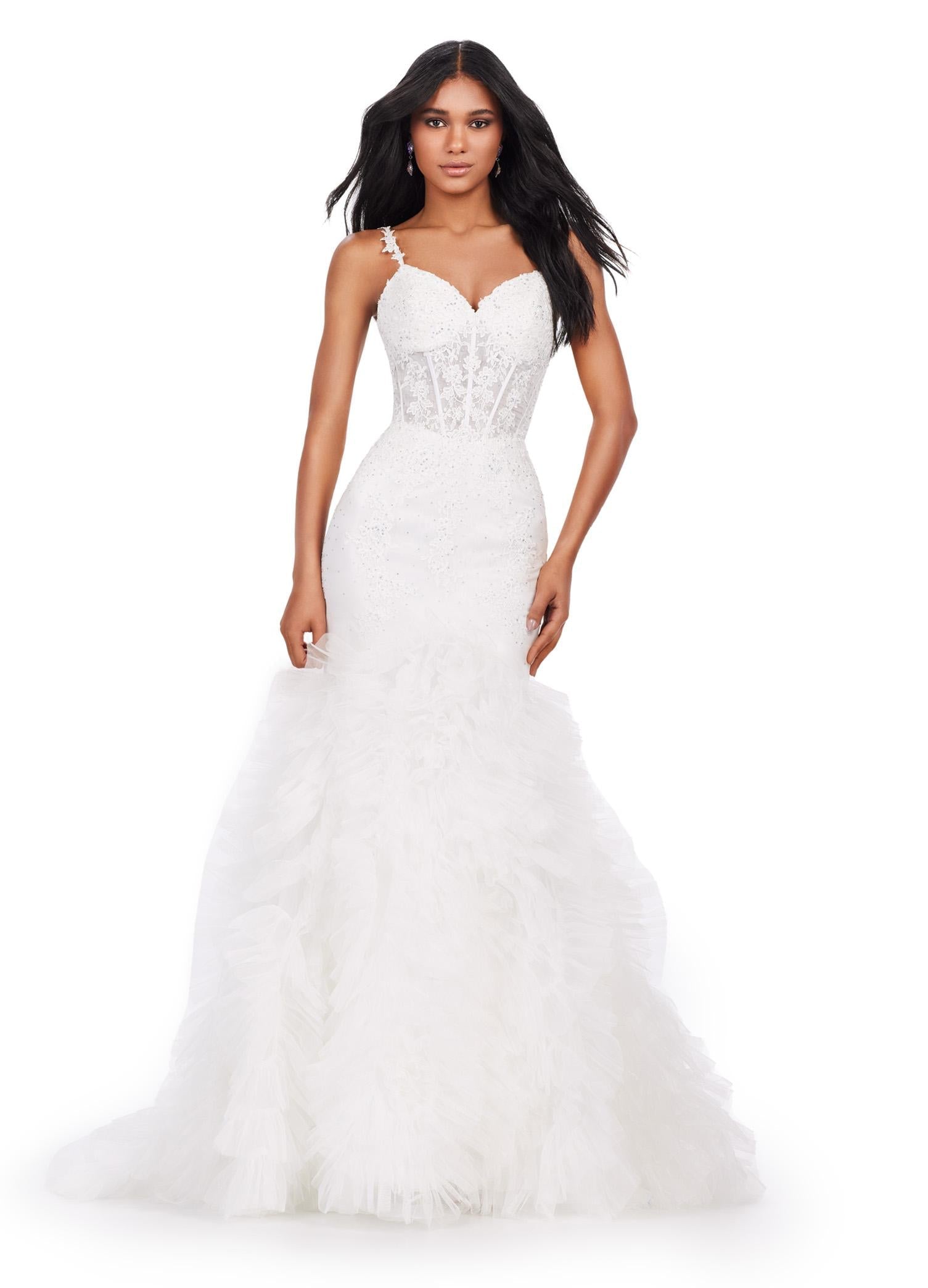 White ASHLEYlauren 11475 mermaid gown with exposed corset bodice, lace detailing, and dramatic ruffled tulle trumpet skirt