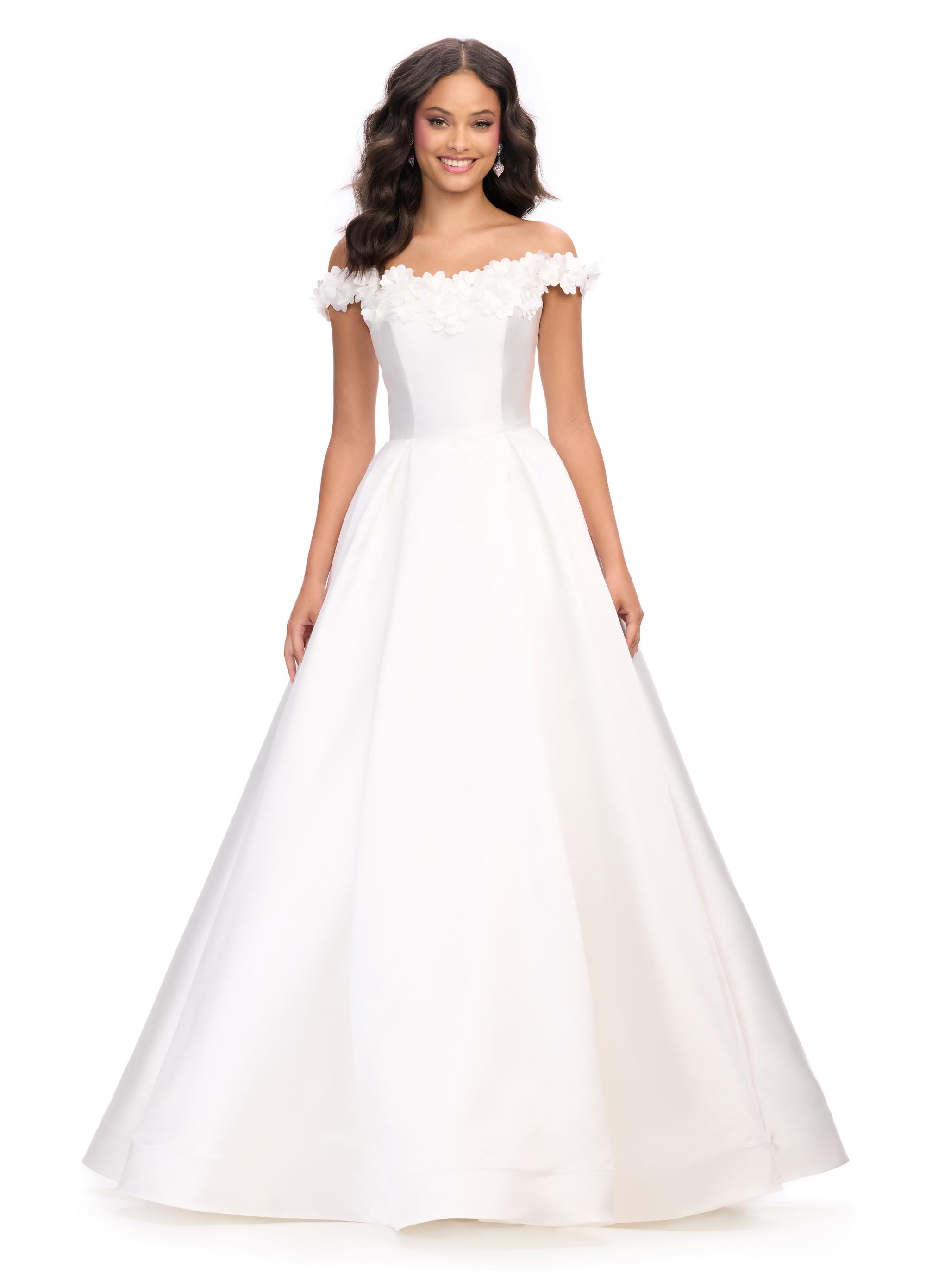 White ASHLEYlauren 11771 elegant Mikado A-line ball gown featuring an off shoulder neckline, unique floral detailing, and a full ball gown skirt for a romantic and sophisticated look.