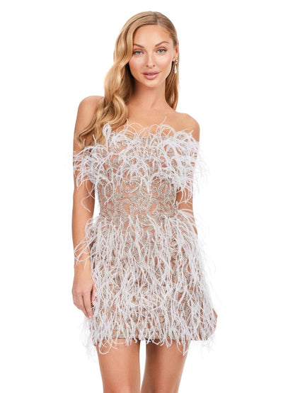 White ASHLEYlauren 4615 – A stunning, fully beaded strapless cocktail dress featuring feather details and a fitted skirt. Perfect for making a bold statement and feeling like royalty at any event.