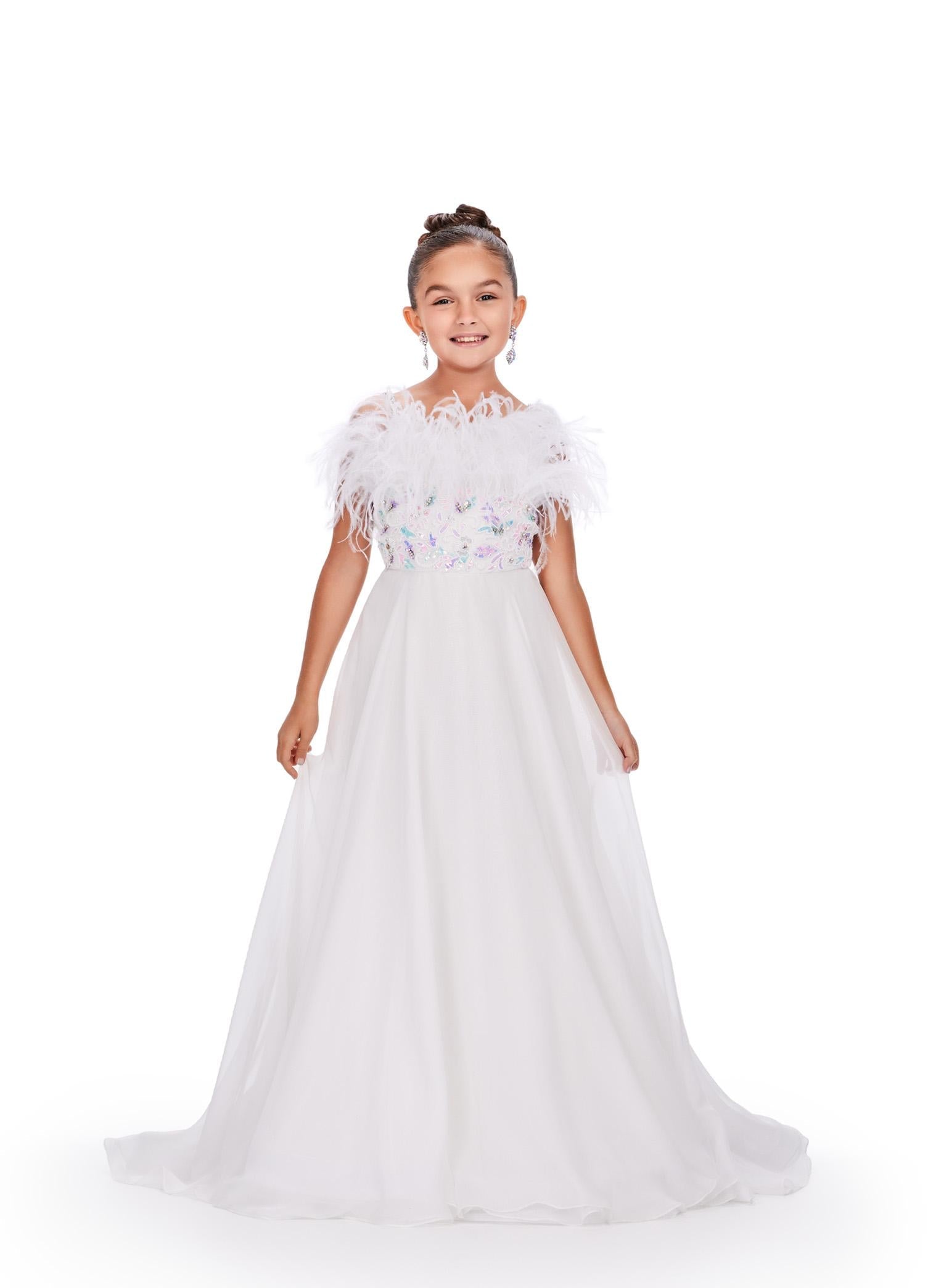 White ASHLEYlauren 8236 fun and flowy A-line ball gown featuring delicate spaghetti straps, a beaded bustier adorned with a mix of beads and feathers, creating a bold and statement-making look.