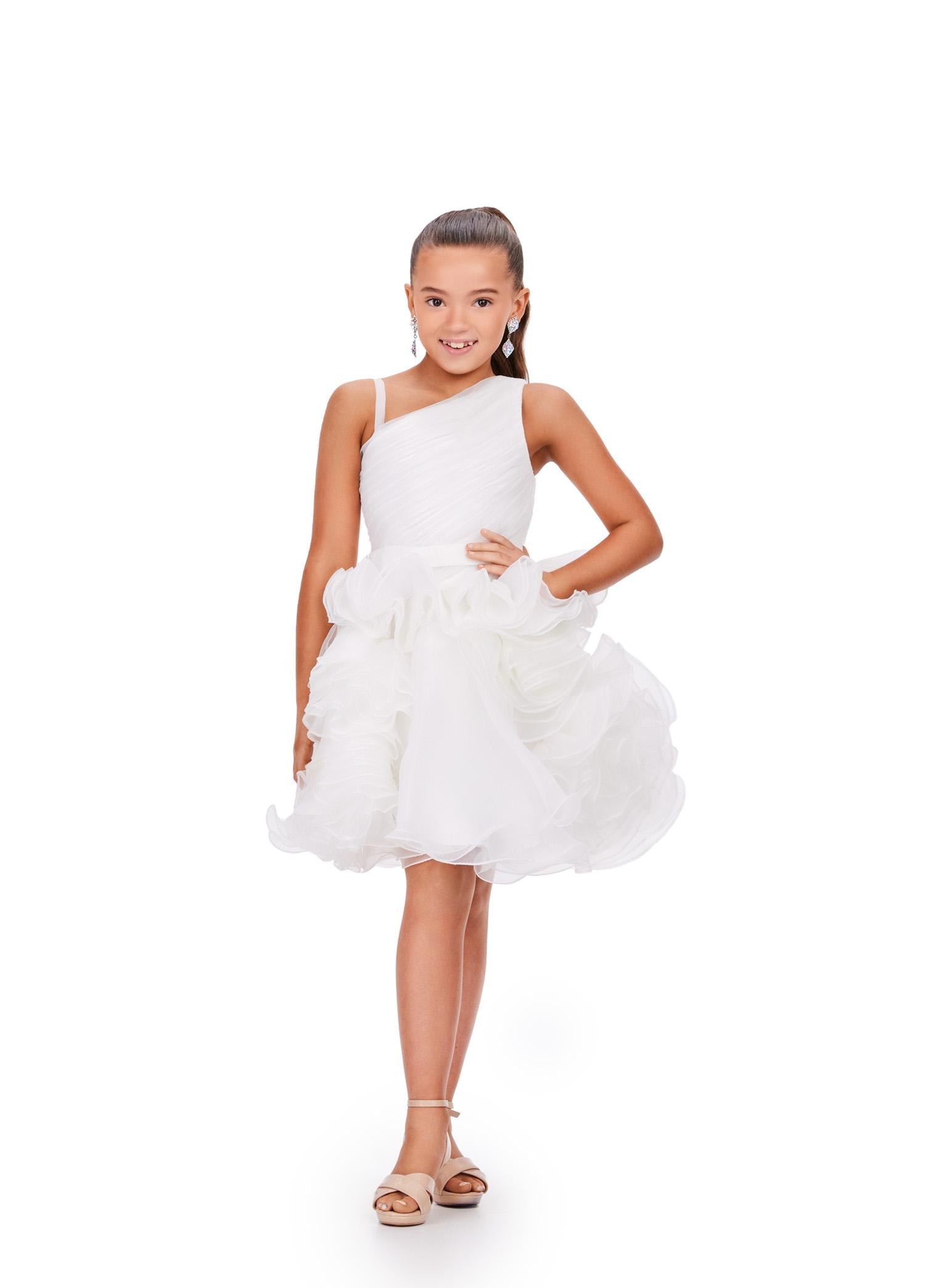 White ASHLEYlauren 8251 chic kids A-line cocktail dress featuring a one shoulder design, ruched bodice, and ruffle-accented organza skirt for a stylish and elegant look.