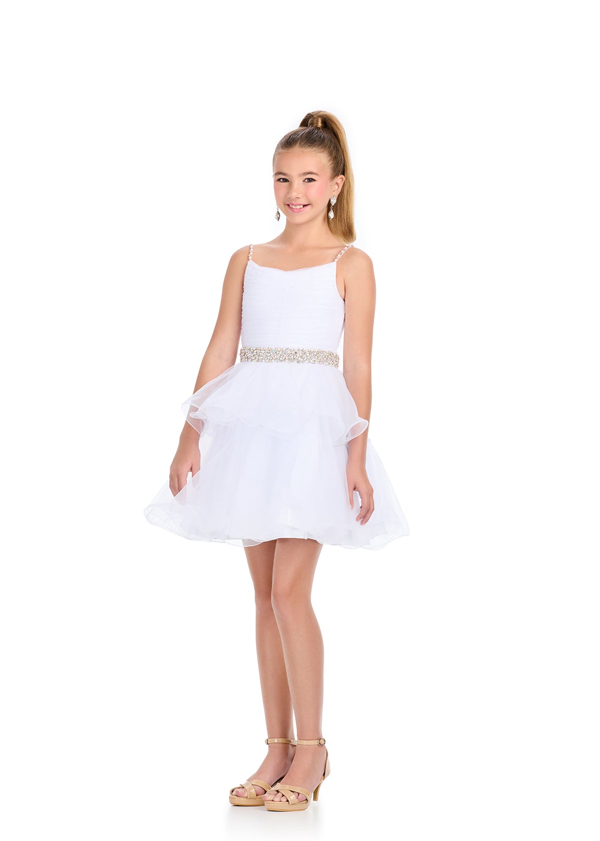 White ASHLEYlauren 8279 adorable tulle kids cocktail dress featuring a ruched bodice, V-back, beaded waistband and straps, and a tiered ruffle A-line skirt for a fun and elegant look.