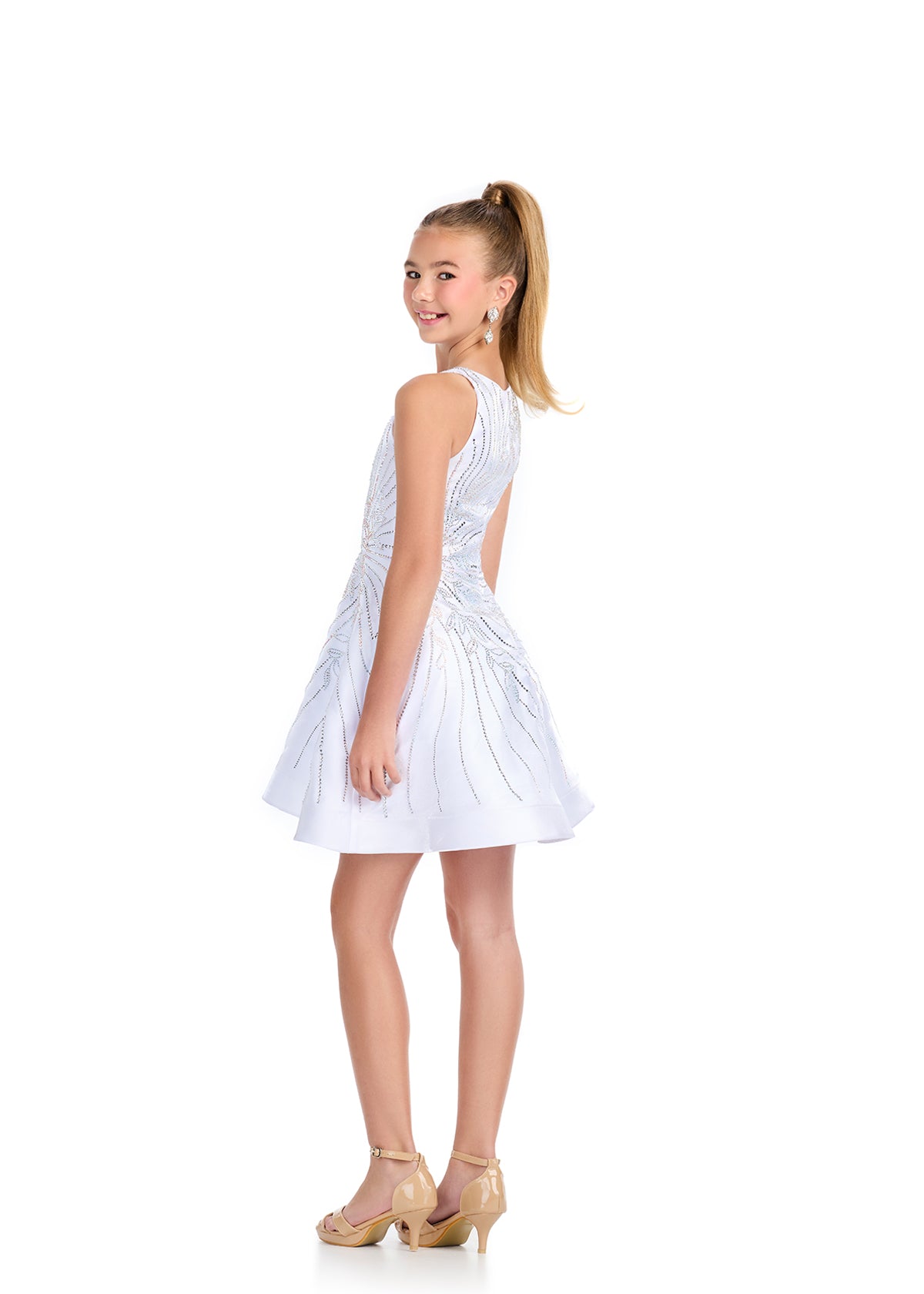 Back - White ASHLEYlauren 8316 Satin Cocktail Dress with Crew Neckline, Press-On Stone Beading, and A-Line Skirt