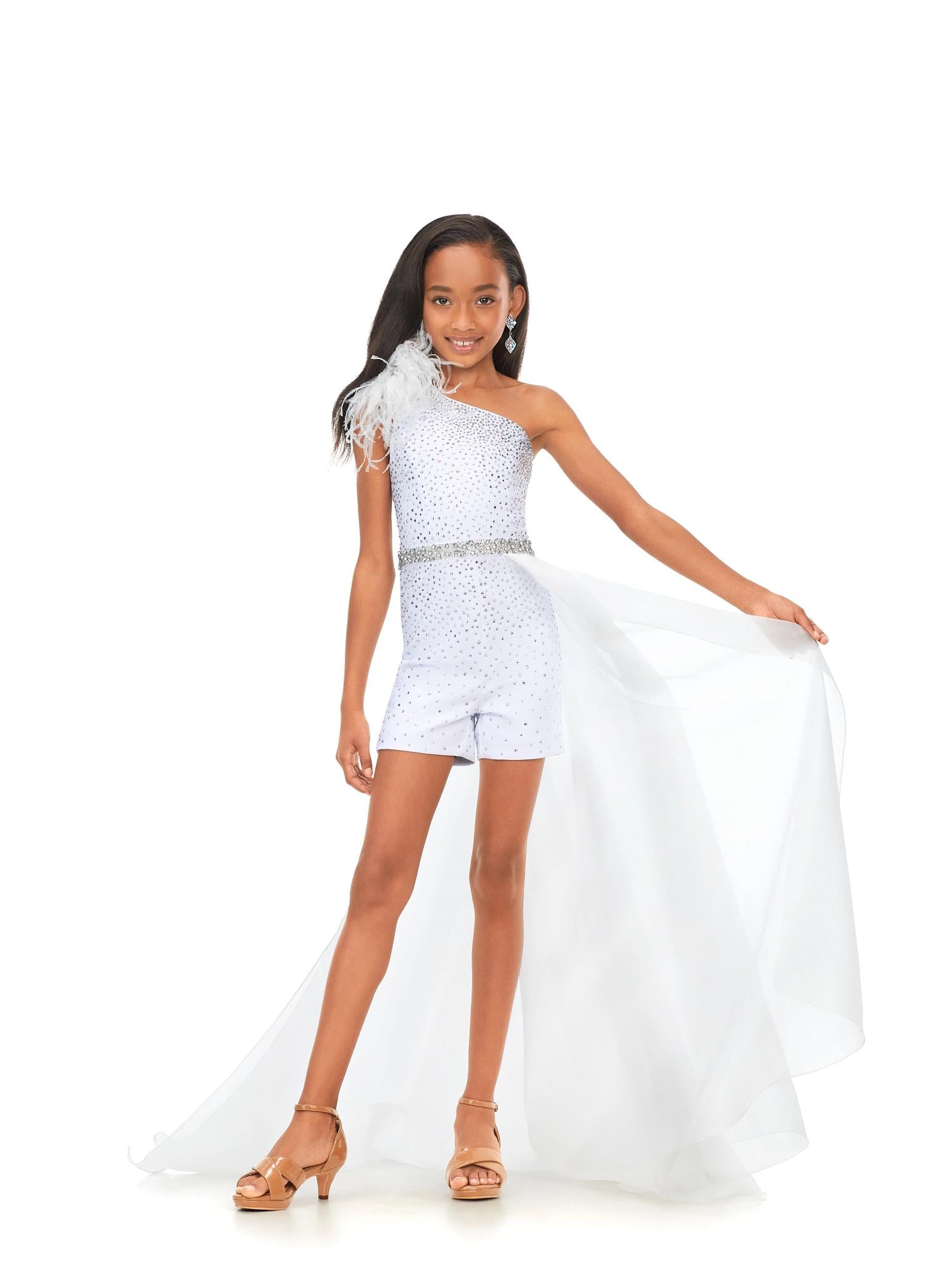 White ASHLEYlauren Kids 8177 One Shoulder Scuba Romper with Feather Details and Organza Side Skirt