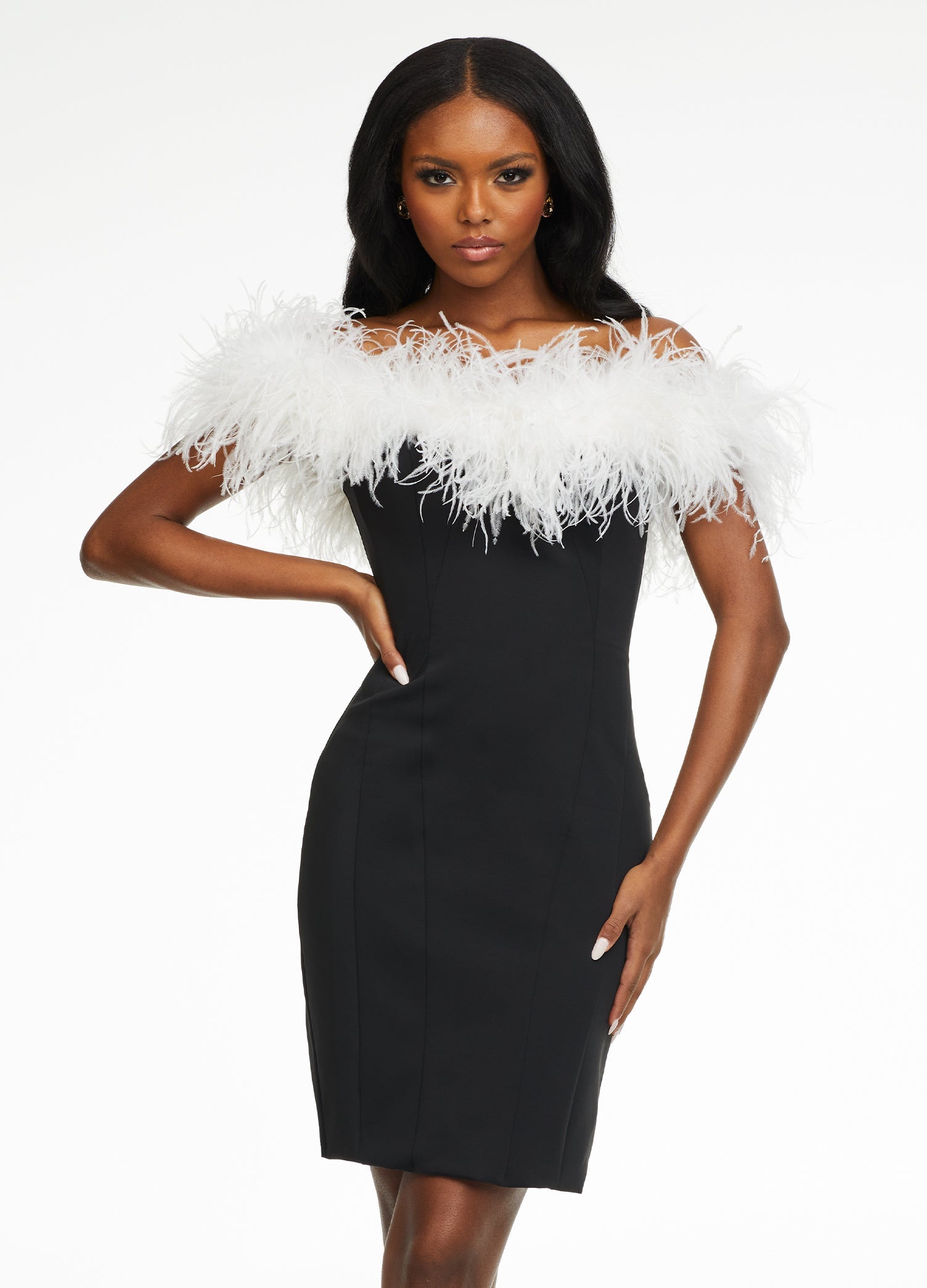 White/Black ASHLEYlauren 4490 fitted off shoulder scuba cocktail dress featuring a feather-accented neckline for a chic and elegant look.