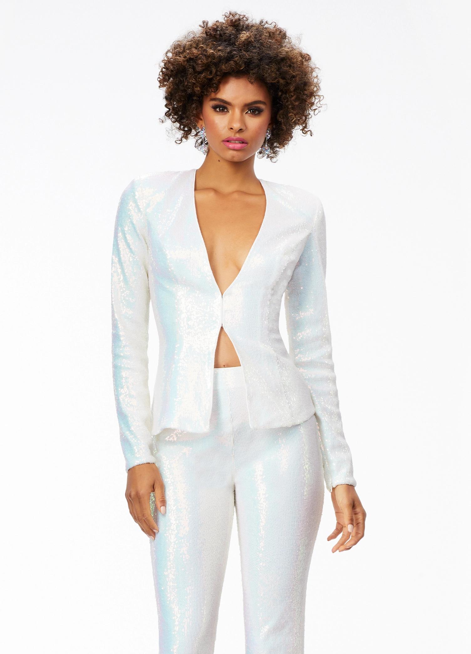 White ASHLEYlauren 11223 – A stunning two-piece suit featuring a plunging sequin V-neckline blazer paired with fit & flare style pants. Perfect for making a bold, fashion-forward statement at your next event.