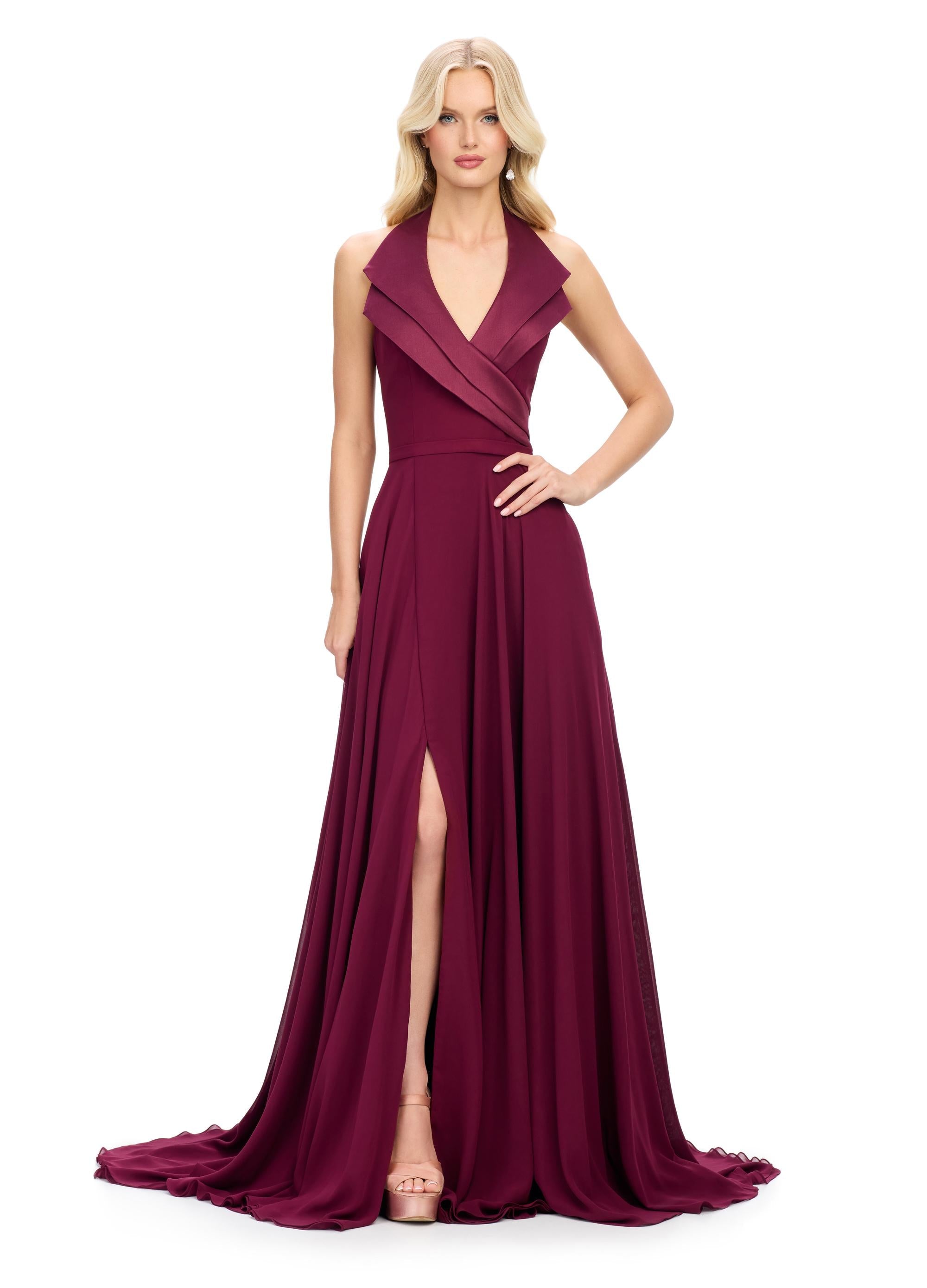 Ashley Lauren バルーン袖Vネックフレアーロングドレス レッド ASHLEYlauren 11669 - Beaded V-Neck Dress with Illusion Side