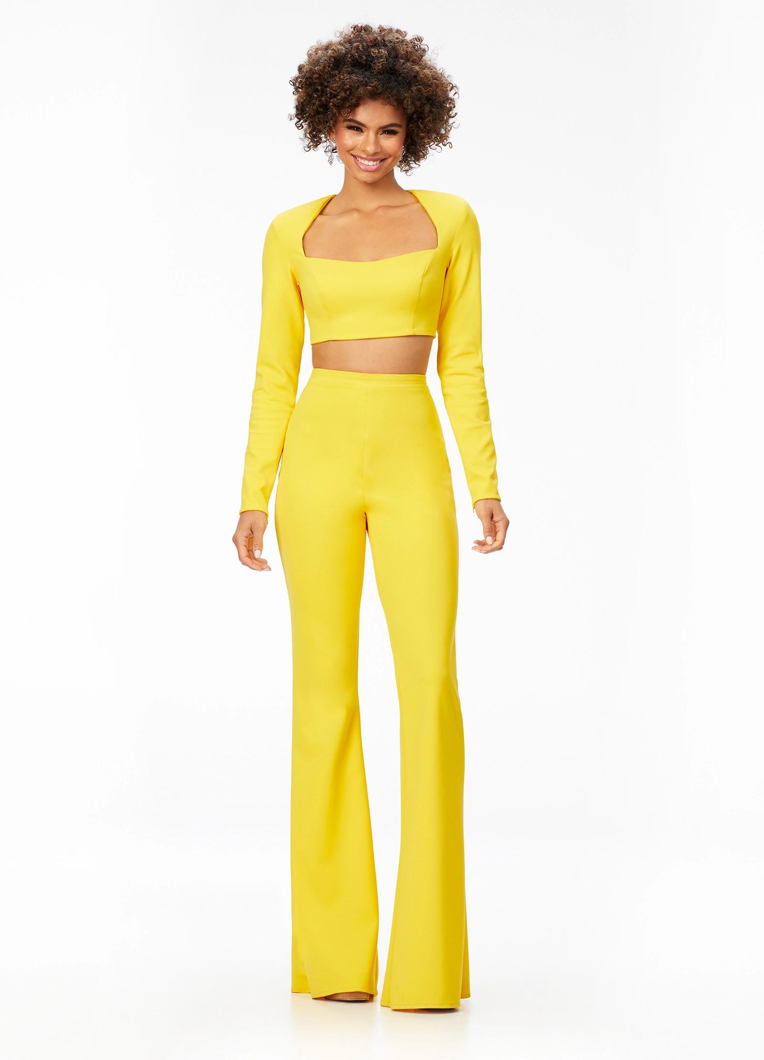 Yellow ASHLEYlauren 11220 Two-Piece Scuba Jumpsuit with Square Neckline, Long Sleeves, and Fit & Flare Pants