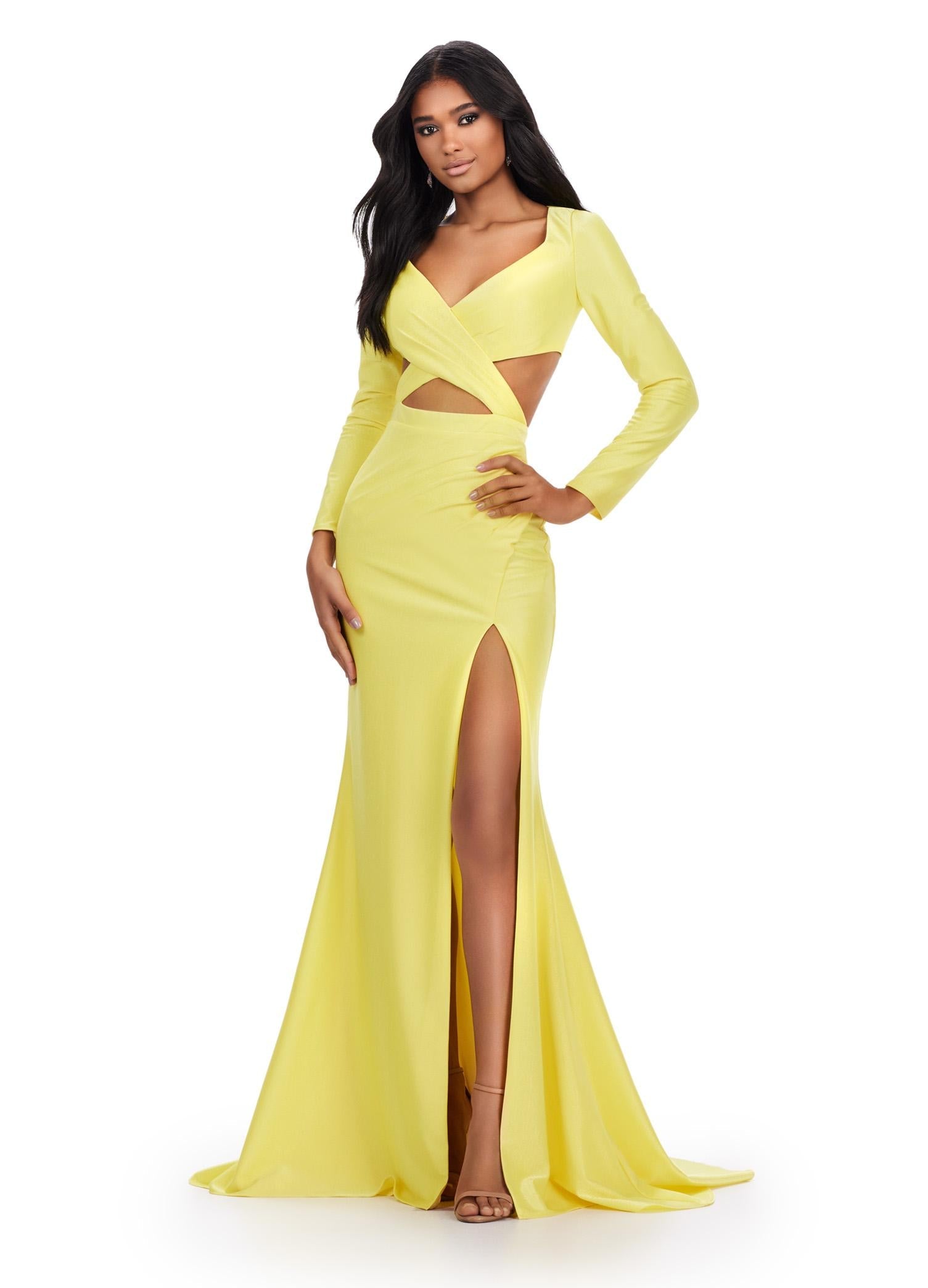 Yellow ASHLEYlauren 11607 Unique Jersey Gown with V-Neckline, Long Sleeves, Crisscross Cut Out Wrap Bustier, Draped Fitted Skirt, and Left Leg Slit