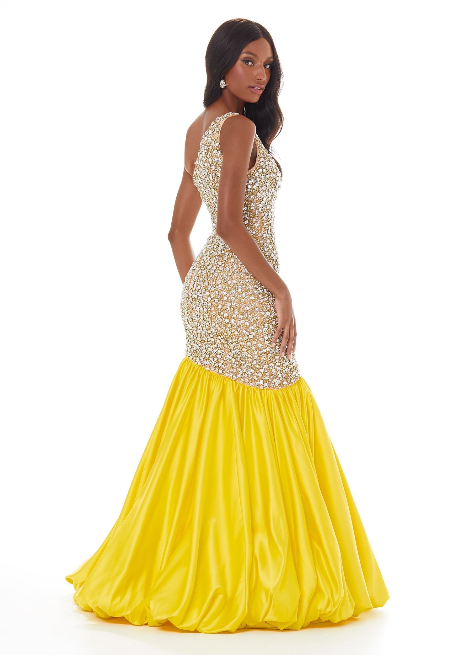 Back - Yellow  ASHLEYlauren 1981 – A stunning one-shoulder fit and flare gown featuring a fully crystal and pearl beaded bodice, accented by an asymmetrical satin drop skirt with a dramatic bubble hem. Perfect for making a show-stopping statement.