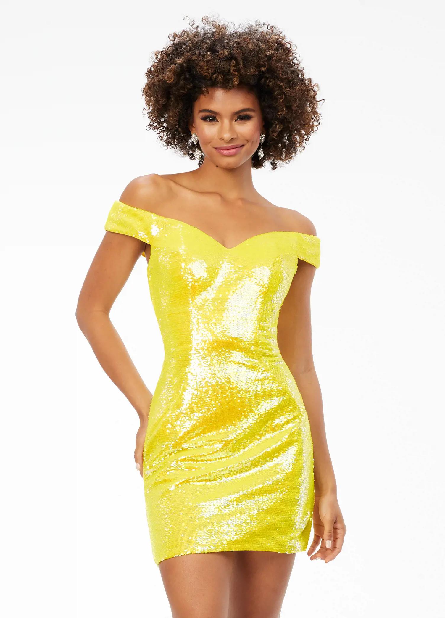 Yellow ASHLEYlauren 4445 off shoulder fitted cocktail dress featuring sequin  fabric and a signature crisscross back detail for a dazzling and head-turning look.