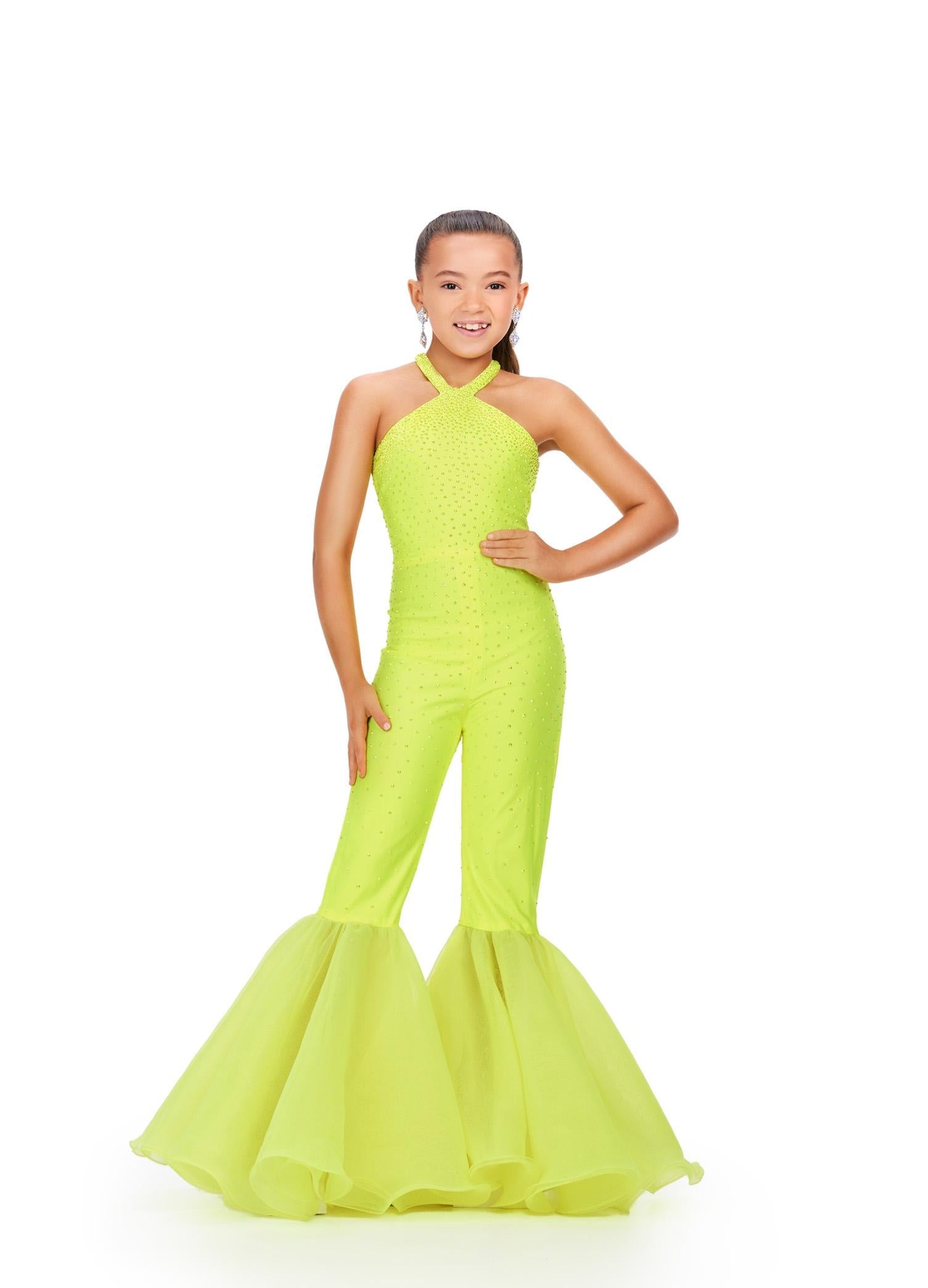 Yellow ASHLEYlauren 8265 super sassy kids jersey jumpsuit featuring a halter neckline, heat-set stone embellishments, and flared organza bell-bottom pant legs for a bold and stylish look.