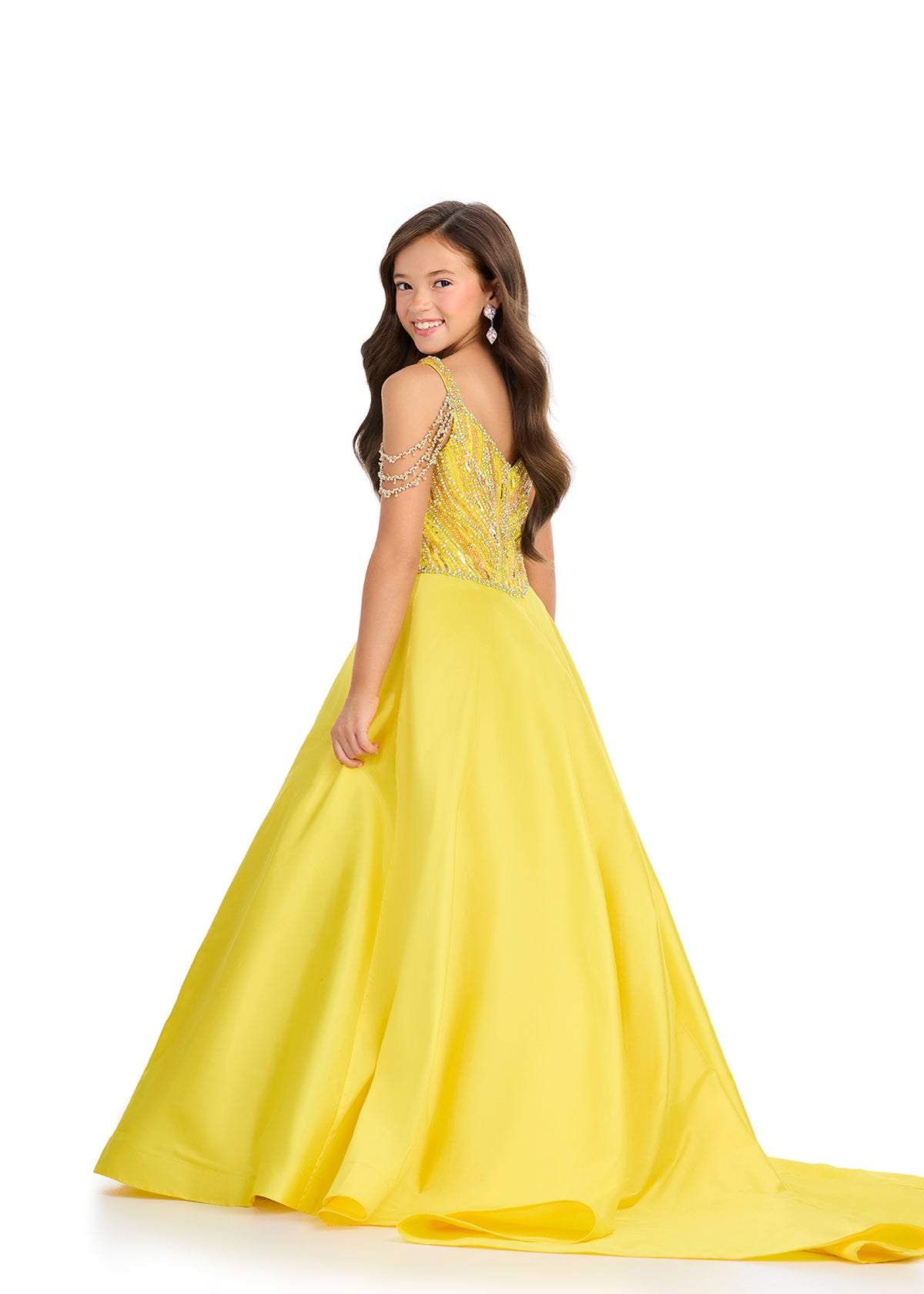 Back - Yellow ASHLEYlauren 8320 Beaded Ball Gown with Off-Shoulder Straps, Bustier Bodice, and Taffeta Skirt