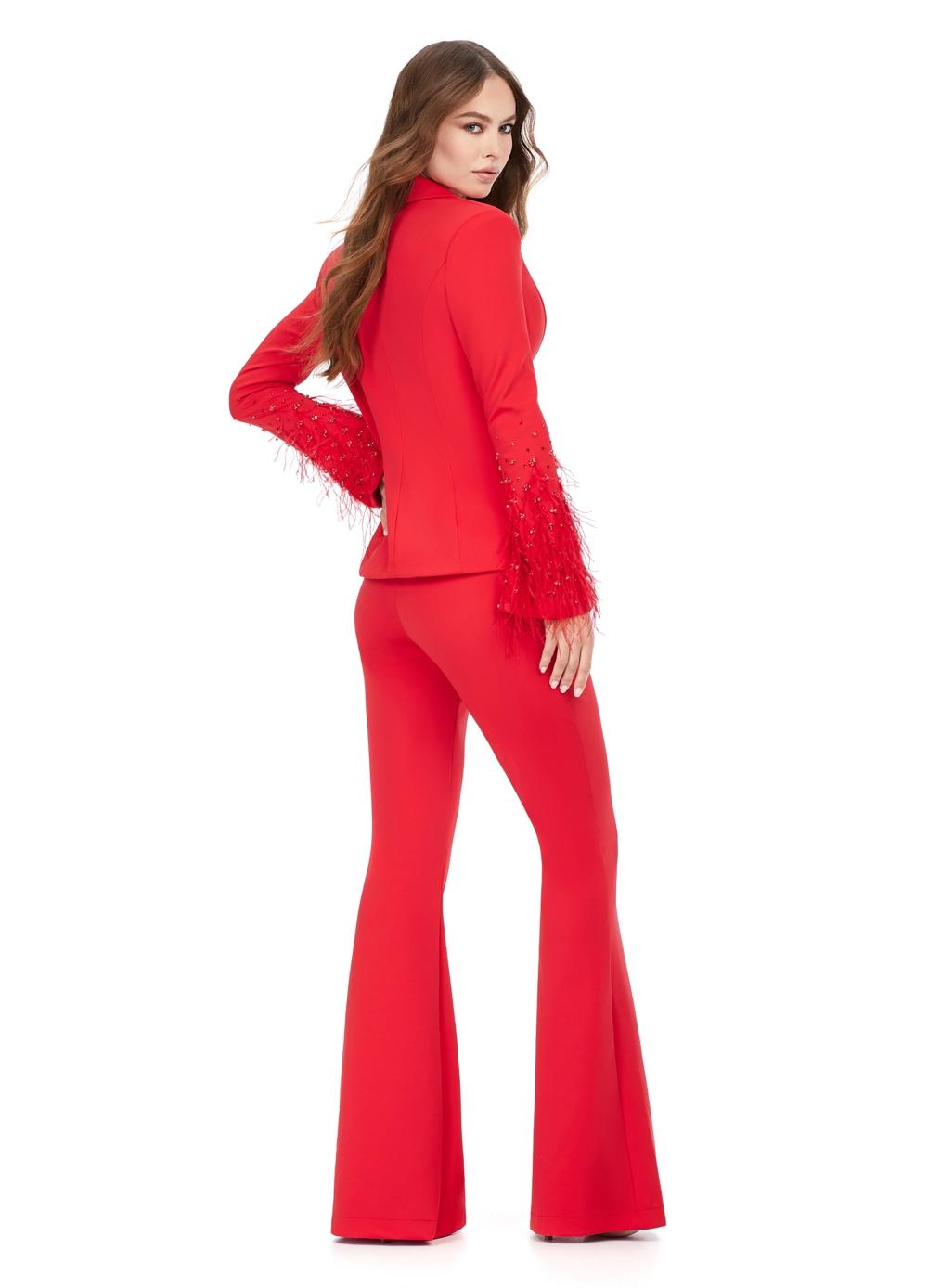 Back. Red ASHLEYlauren 11315 two-piece scuba suit featuring a V-neckline, dramatic sleeve details adorned with feathers and crystals, and flared pants for a bold and sophisticated look.