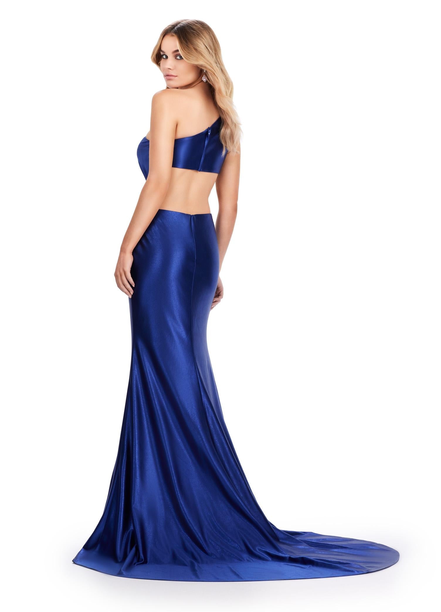 Back. Royal ASHLEYlauren 11577 Elegant One Shoulder Fitted Satin Gown with Draped Bodice, Side Cut Out, and Sparkling Crystal Brooch Accent
