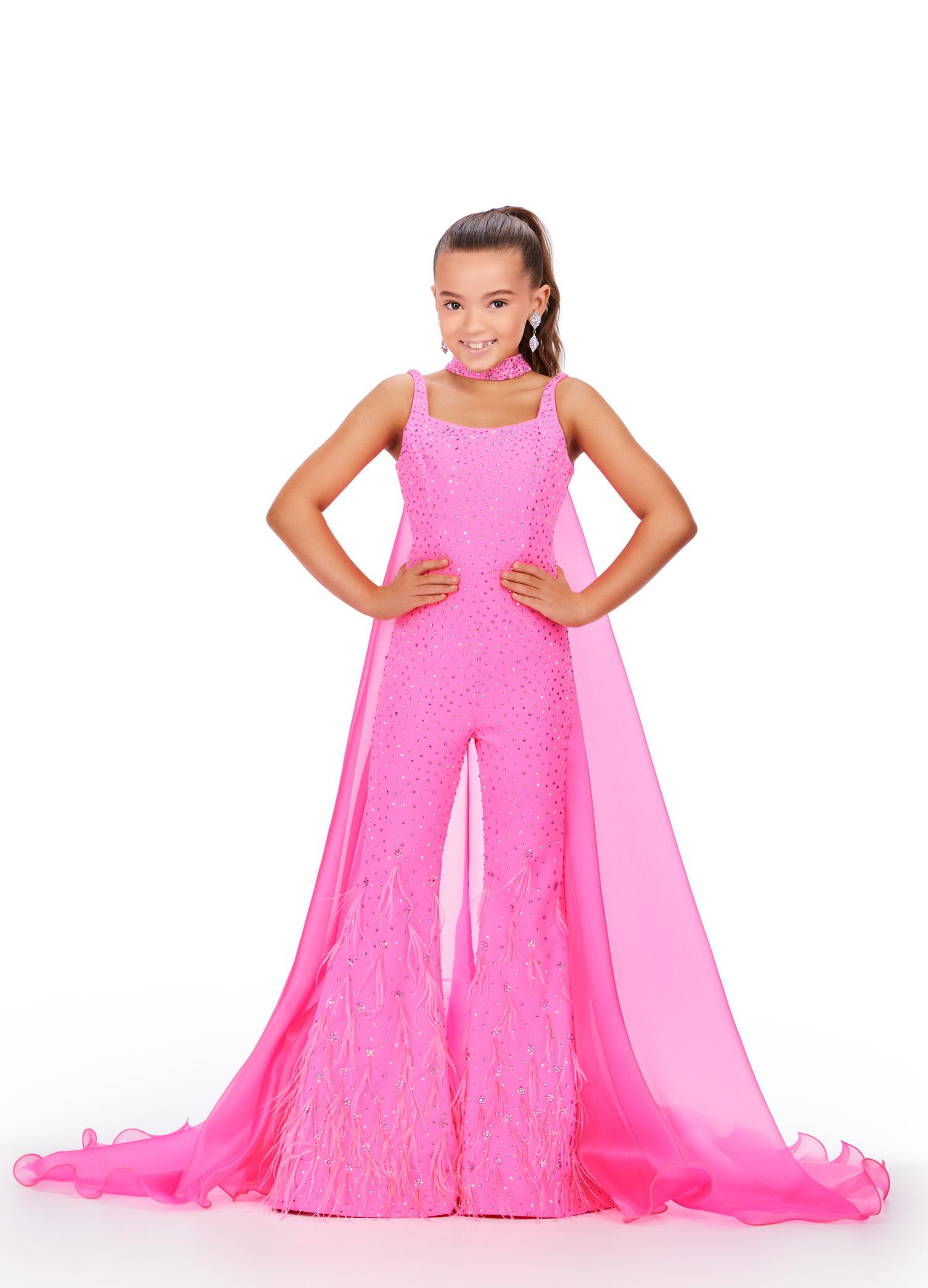 Pink ASHLEYlauren Kids 8210 Scuba Jumpsuit with Press-On Stones, Feather Details, and Organza Cape