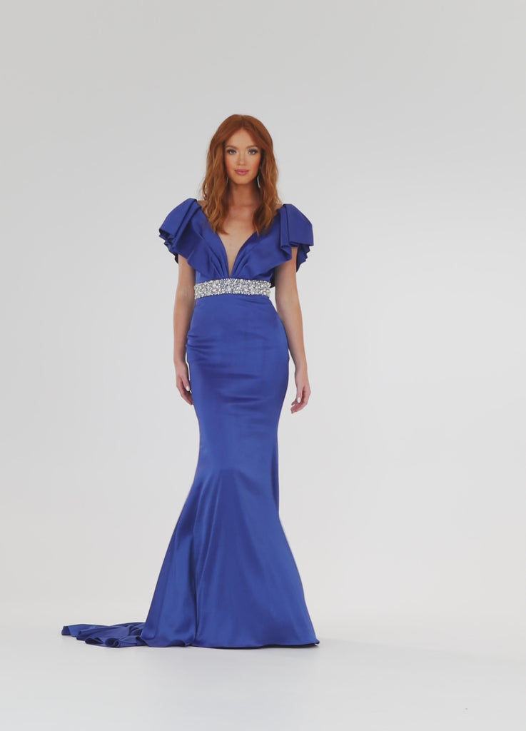 Video -  Royal ASHLEYlauren 11130 elegant satin gown featuring a V-neckline, V-back, draped ruffle shoulder detail, intricately beaded waistline, and a sweeping train for a sophisticated and glamorous look.