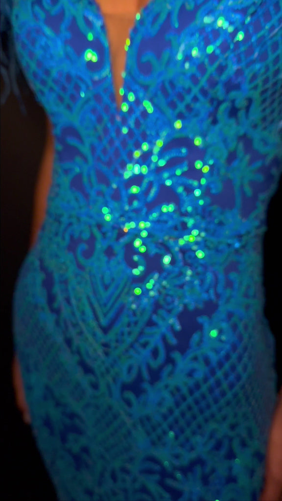 Video - ASHLEYlauren 11463 Turquoise/Royal sequin gown with sweetheart neckline, feather off shoulder straps, and left leg slit