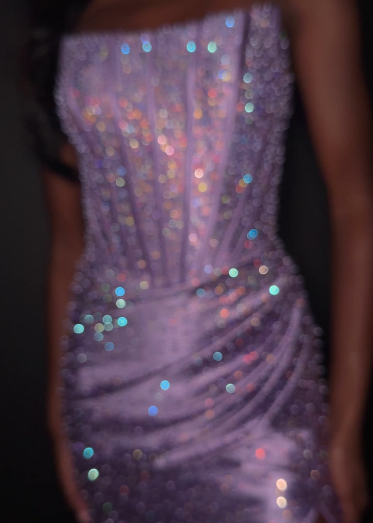 ASHLEYlauren 12356 | Lilac fully beaded strapless gown with vertical pearl detailing, corset bodice, and thigh-high slit