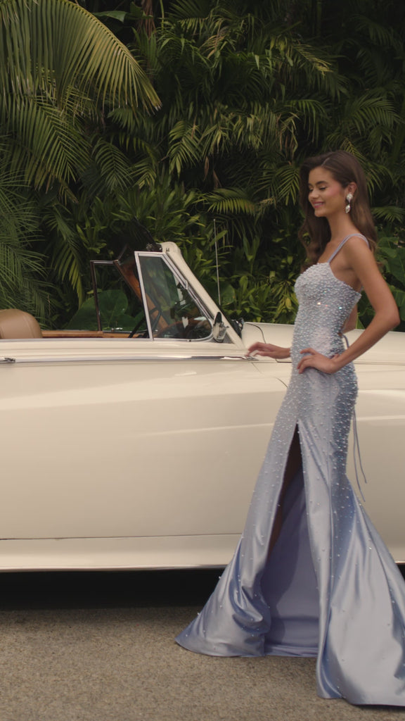 ASHLEYlauren 11357 | Periwinkle fully beaded gown with scoop neckline, crystal fringe slit, spaghetti straps and glamorous beaded detailing