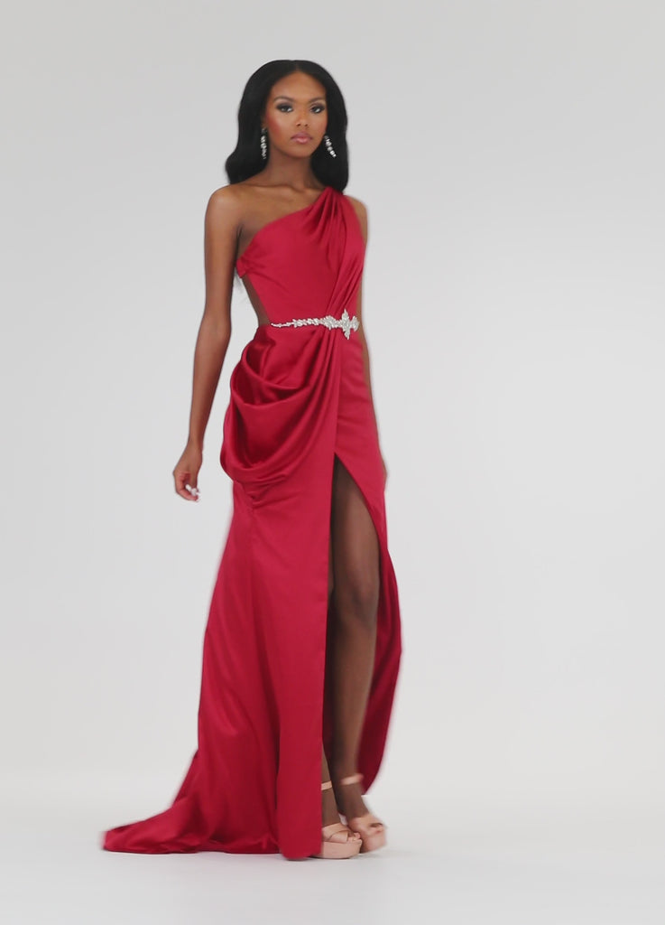 Video - Red ASHLEYlauren 11164 One-Shoulder Satin Gown with Ruched Bustier, Crystal Belt Waistline, Draped Side Detail, Wrap Skirt, and Open Back