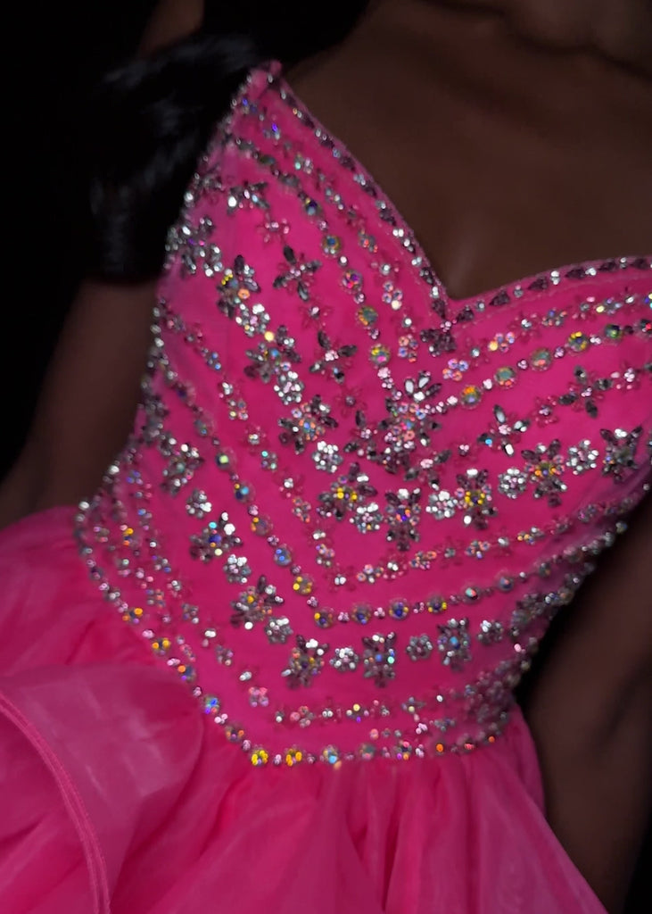 ASHLEYlauren 4964 | Hot Pink ruffled organza mini dress with fully beaded sweetheart bodice, delicate straps, and tiered voluminous skirt