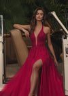ASHLEYlauren 12268 | Red tulle A-line gown with plunging halter neckline, beaded bodice and soft gradient press-on stone detailing