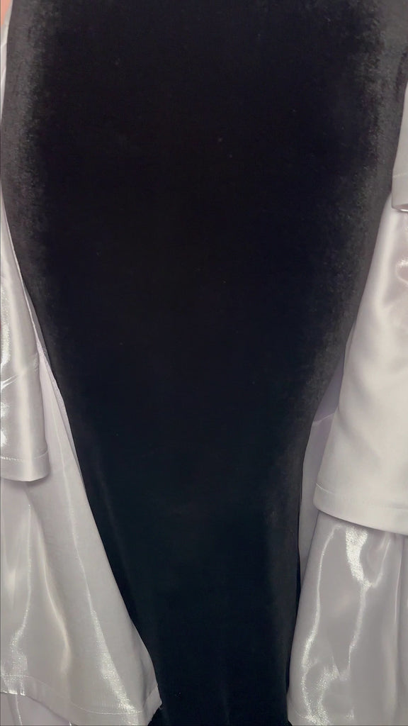 Video - Black/White ASHLEYlauren 11643 Velvet Gown with Illusion V-Neckline, Satin Belt, Ruffled Heavy Satin Overskirt, and Velvet Column Skirt