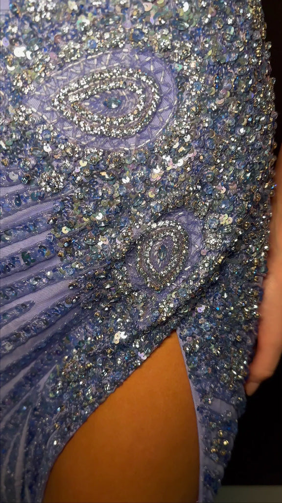 Video - ASHLEYlauren 11498 Periwinkle Fully Beaded Halter Neckline Gown with Cut Outs, Open Back, and Left Leg Slit