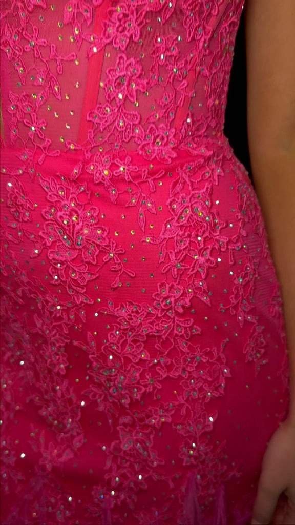 Video - ASHLEYlauren 11483 hot pink strapless lace gown with sweetheart neckline, feather detailing, corset bodice, and V-back